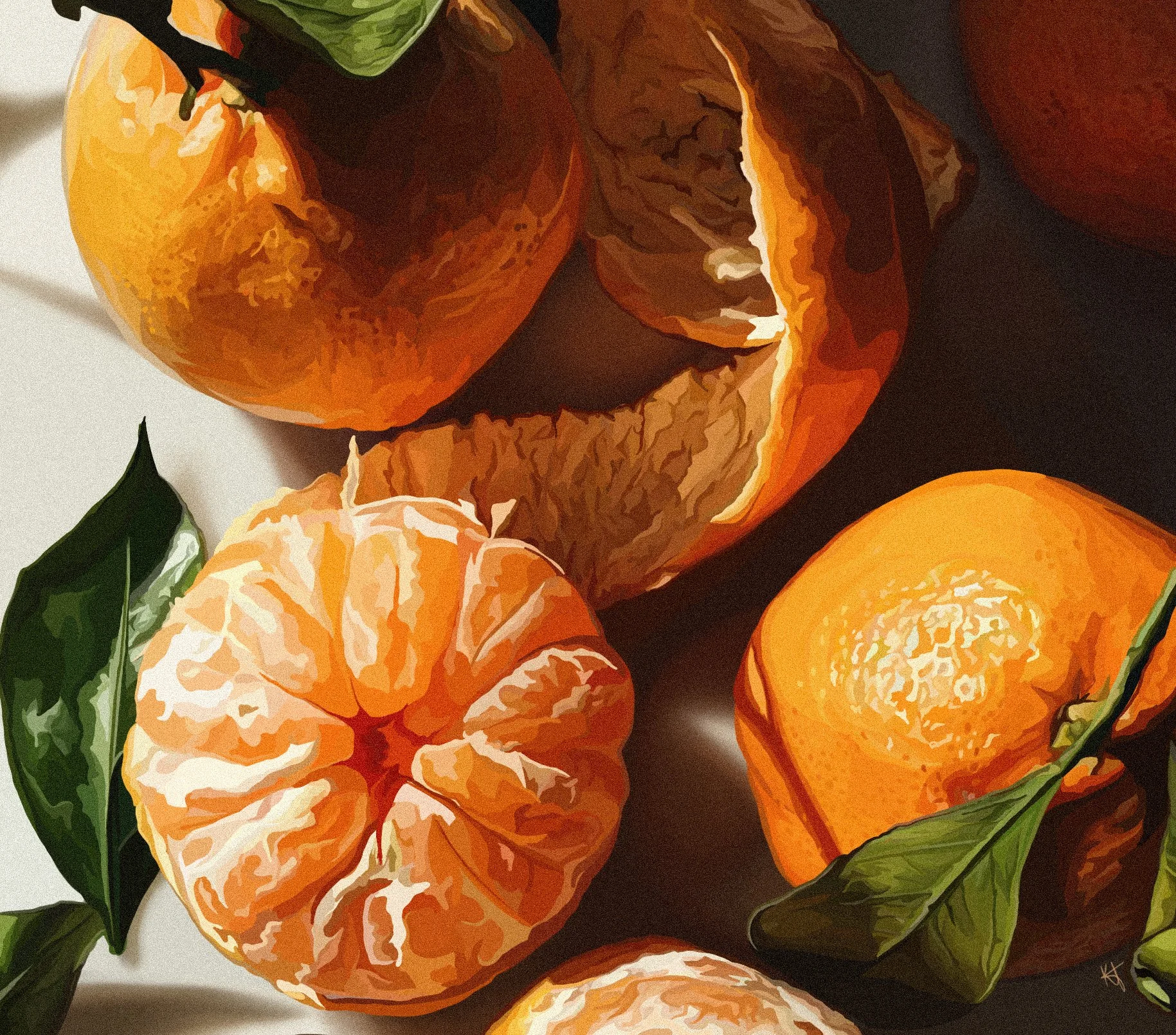 Close-up of ripe oranges and peeled segments with green leaves on a light background.