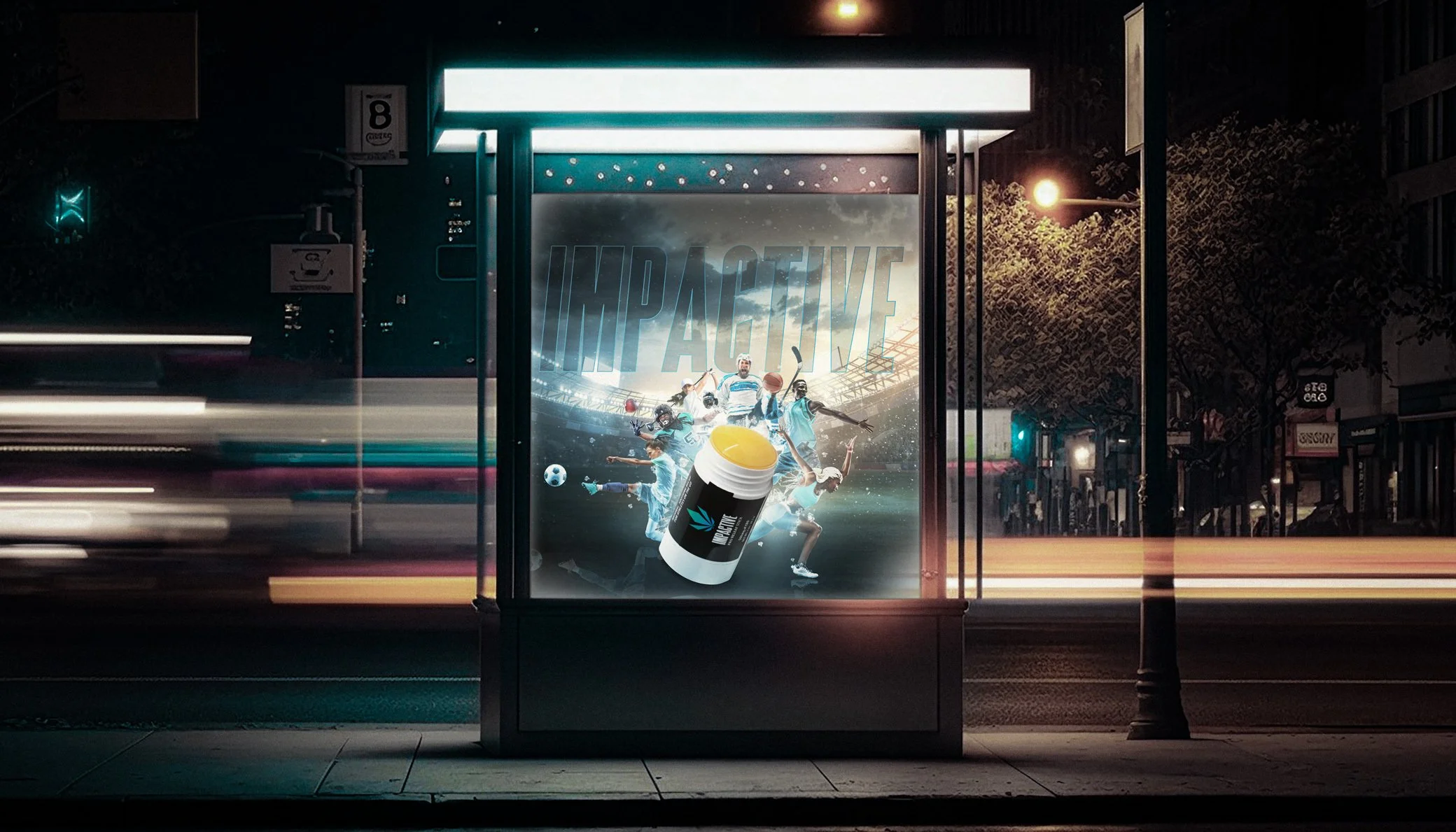 Bus stop advertisement at night featuring a sports-themed poster with athletes in action and a product displayed on the bottom corner.