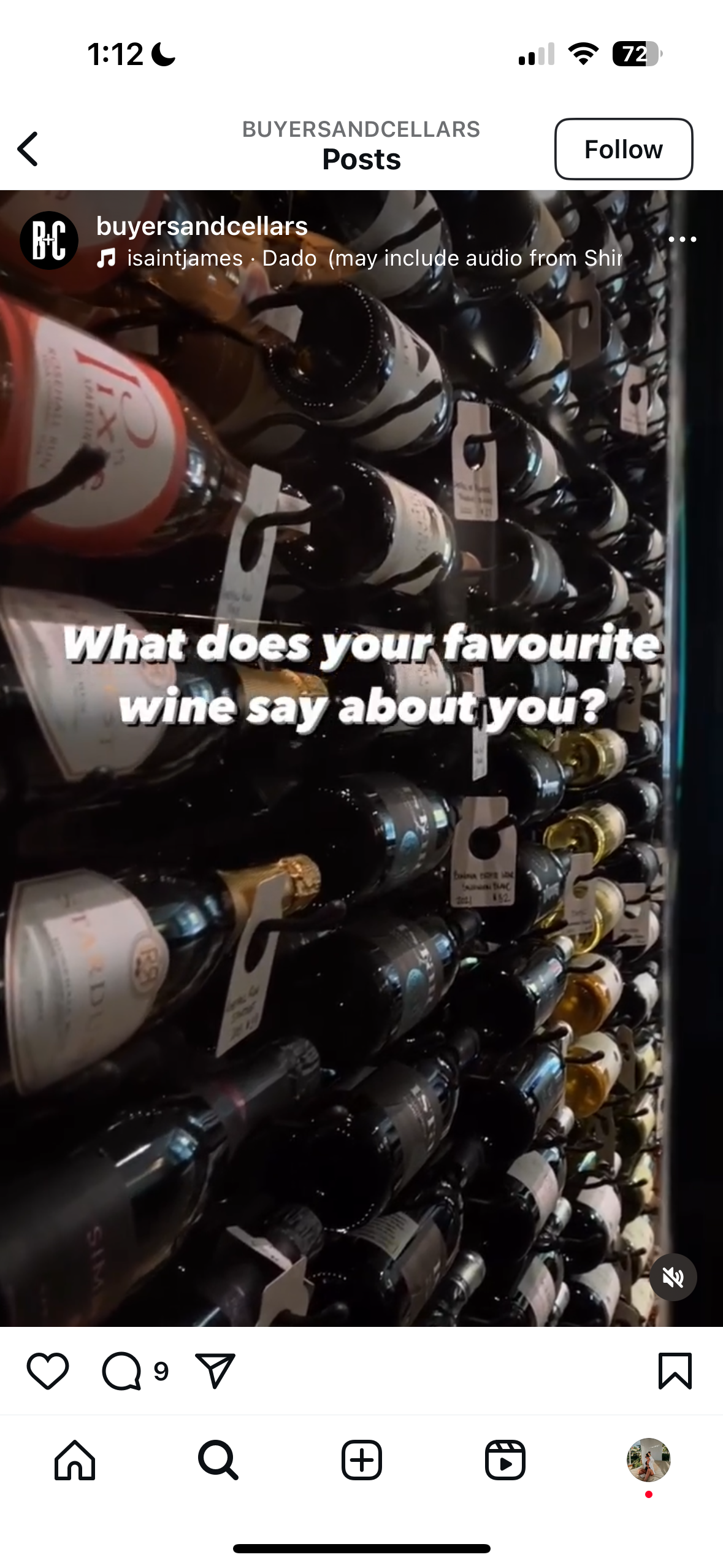 A rack of wine bottles with labels at a wine shop. Overlay text on the image reads, 'What does your favorite wine say about you?' from a social media post by buyersandcellars.