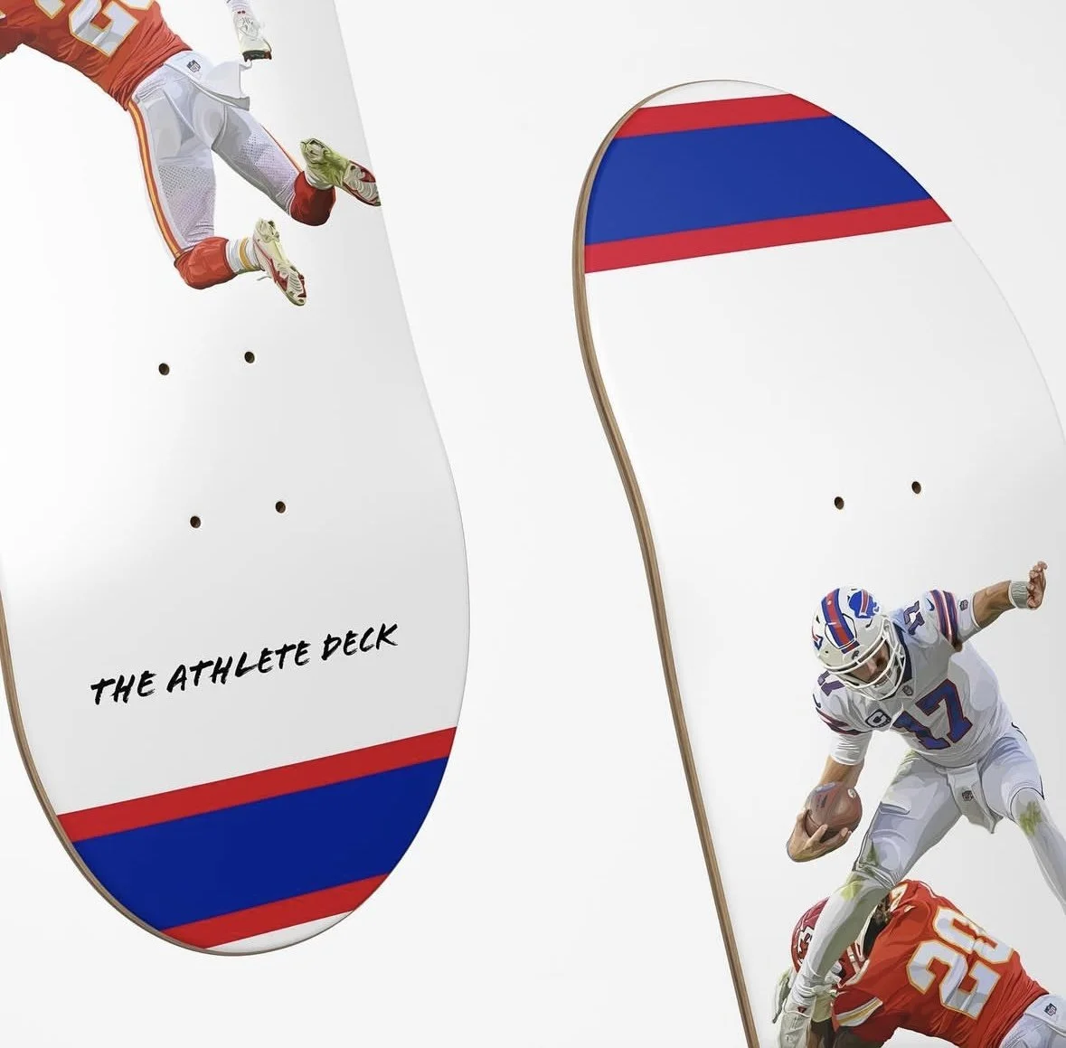 Two skateboard decks featuring football player graphics. The decks have a simple design, one with "THE ATHLETE DECK" text and minimalistic red and blue stripes.
