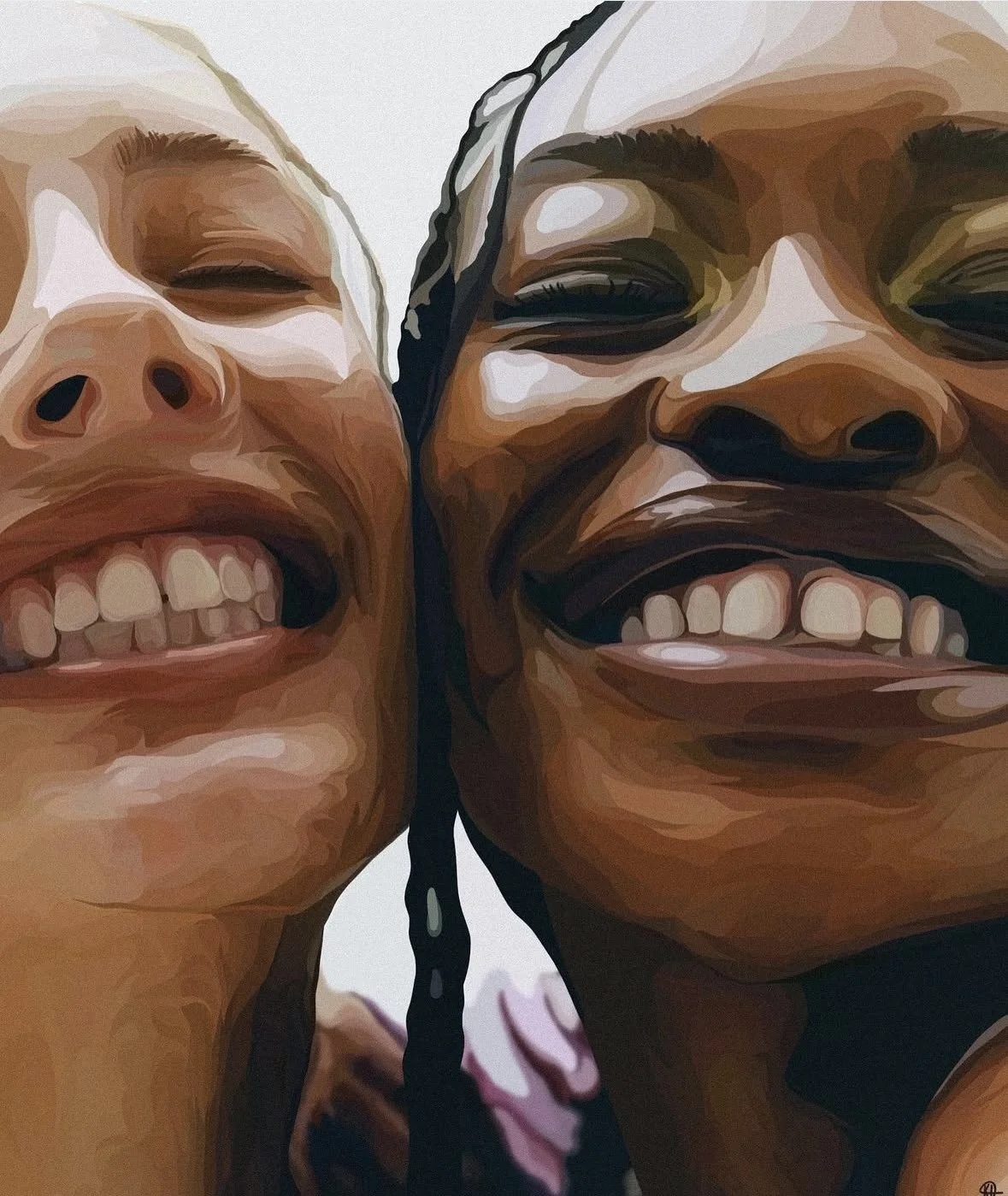 Artistic illustration of two people smiling close together, showing their teeth.