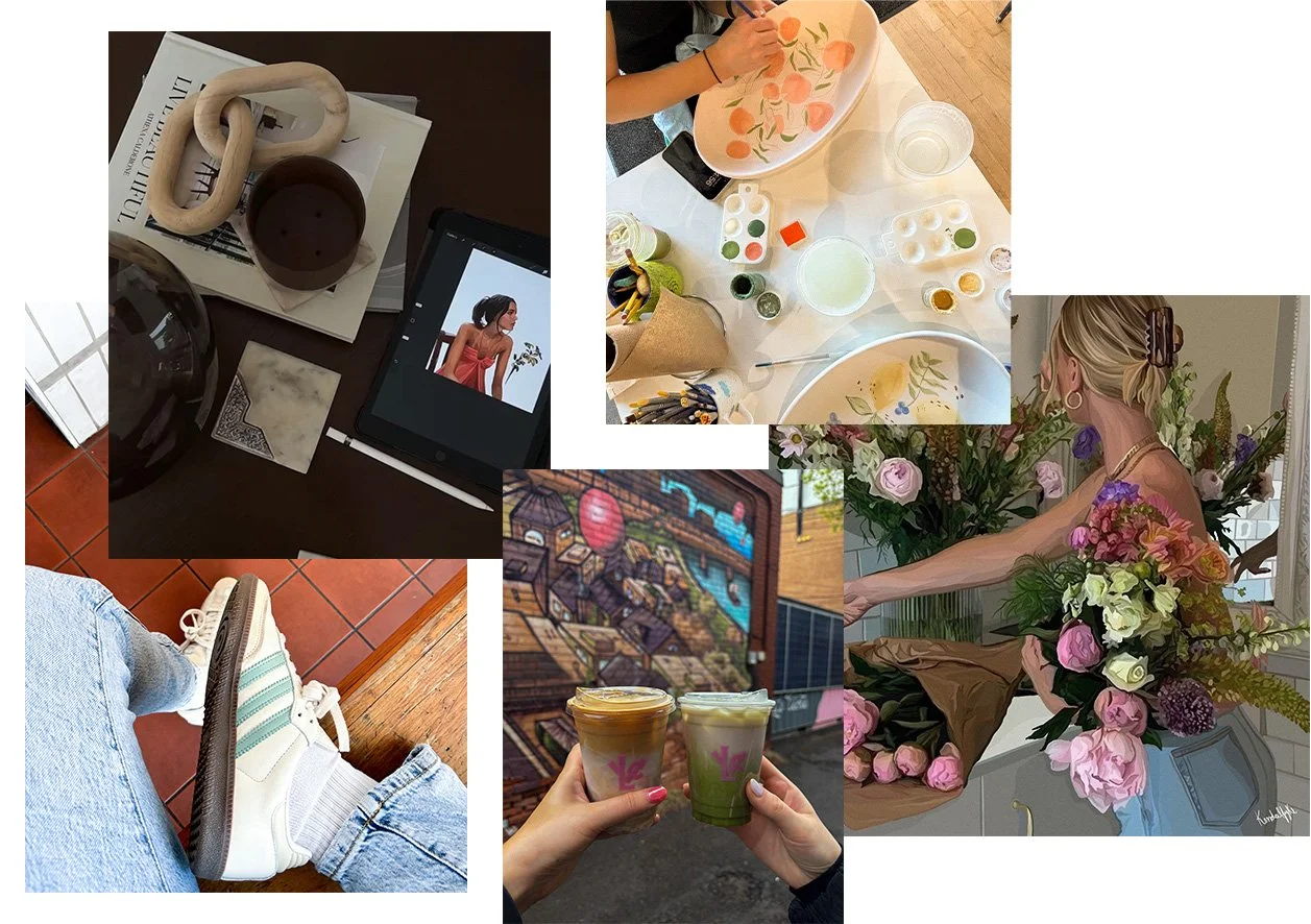 Collage of various scenes: a desk with books, a tablet showing an illustration, painting in progress, a person arranging flowers, feet with sneakers, and two hands holding iced drinks in front of a mural.