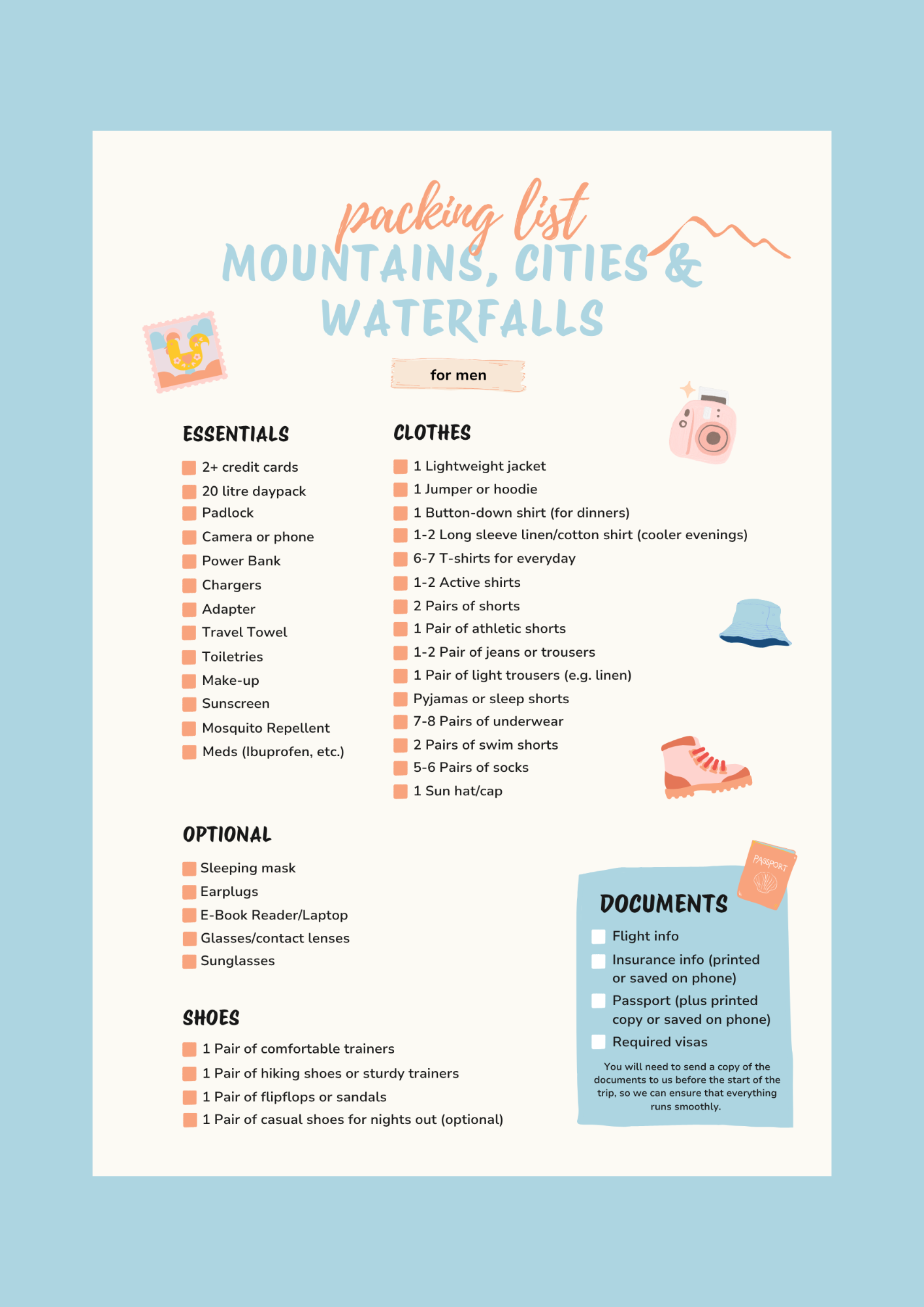Packing list for mountains, cities, and waterfalls trip for men, includes essentials like credit cards, backpack, camera, charger, toiletries, clothes such as jackets, shirts, shorts, underwear, socks, and optional items like sleep mask and sunglasses, with sections for documents and shoes.