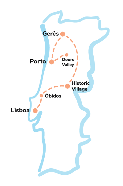 Map of Portugal showing major cities and regions, including Lisbon, Porto, Coimbra, Douro Valley, and Gerês.