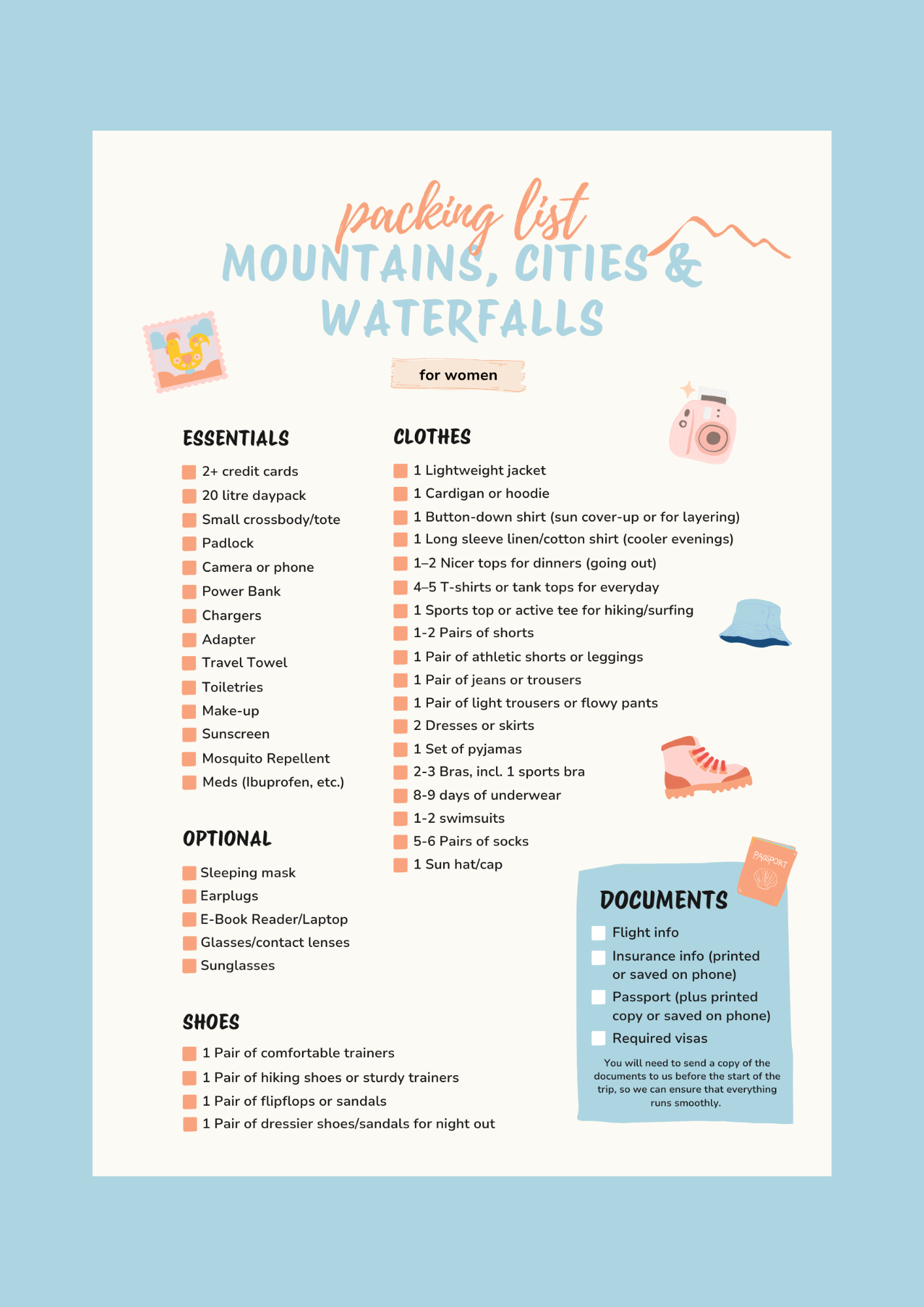 A travel packing list titled 'Mountains, Cities & Waterfalls' for women. It includes sections for essentials, optional items, shoes, clothes, and documents, with items like credit cards, daypack, camera, charger, jacket, t-shirts, swimwear, passport, and flight info, accompanied by small illustrations of a stamp, hat, camera, and passport.