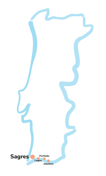 Map of the Algarve coast highlighting Sagres and surrounding surf and beach spots.