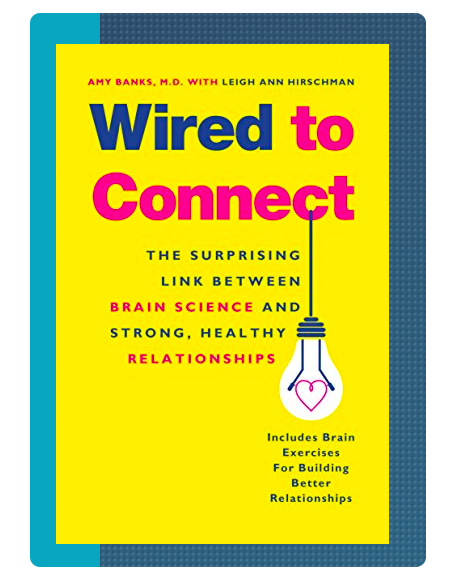 Book cover titled "Wired to Connect" by Amy Banks and Leigh Ann Hirschman, with a bright yellow background and a black, pink, and white lightbulb illustration with a heart inside.
