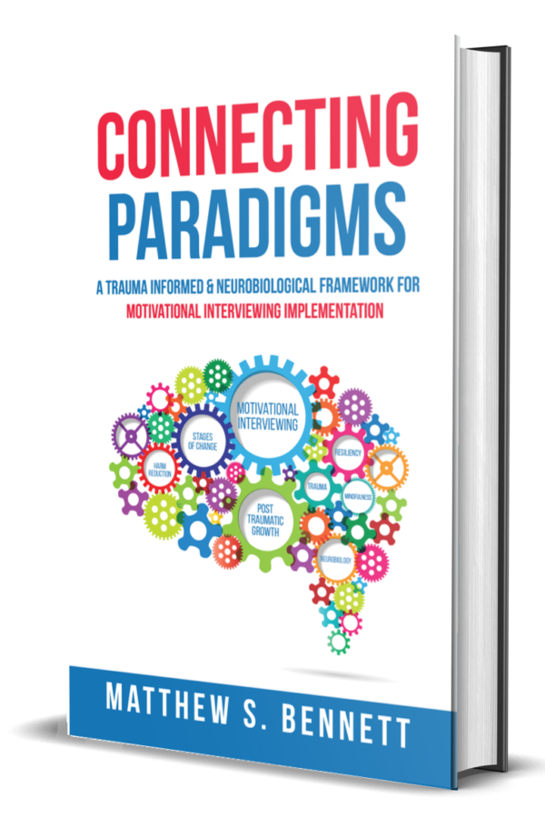 Cover of the book titled "Connecting Paradigms" by Matthew S. Bennett, featuring colorful interconnected gears with terms related to trauma and neurobiological frameworks.