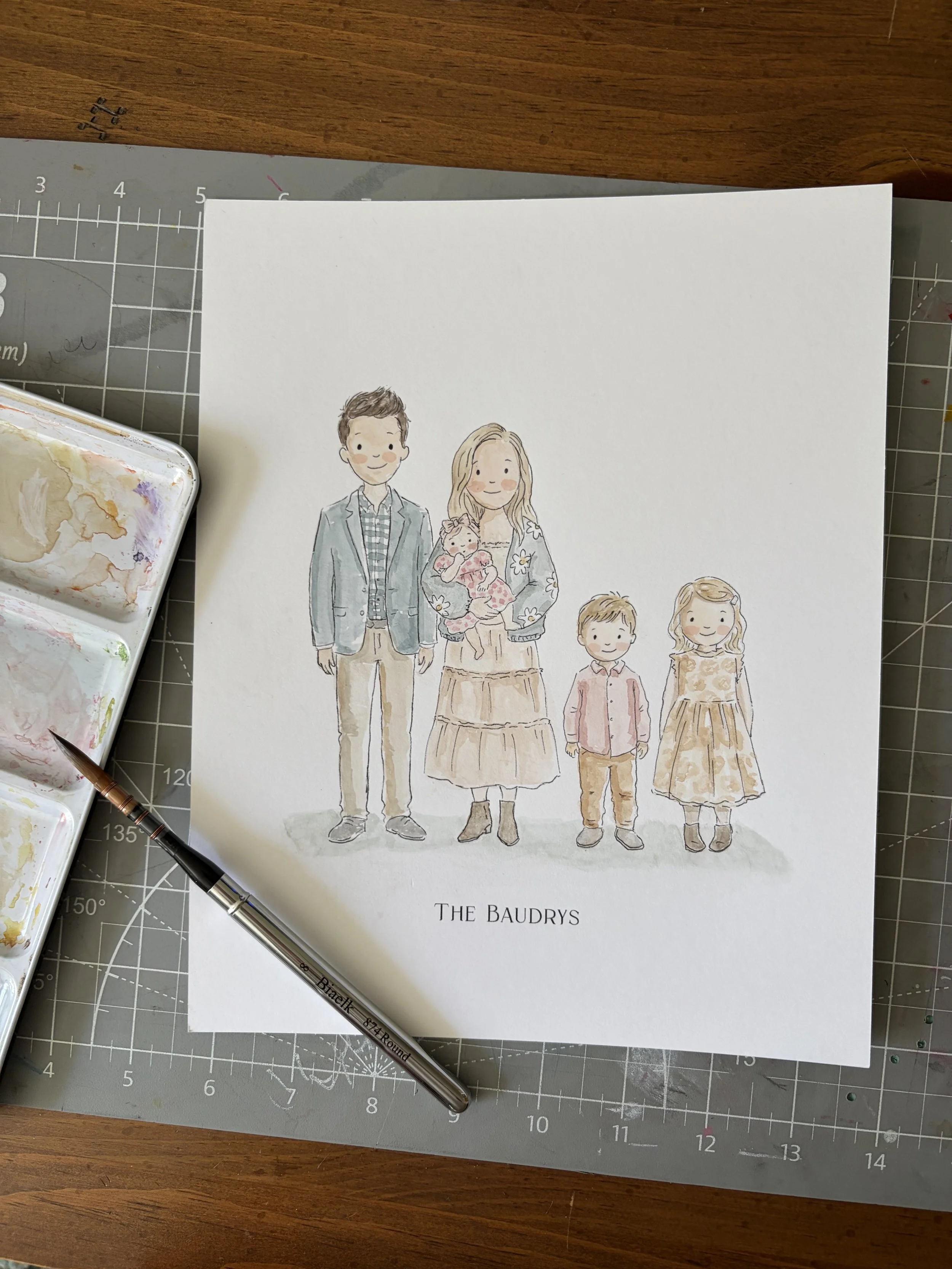 A watercolor illustration of a family called The Baudrys, consisting of a man, a woman holding a baby, and three children, all standing together.