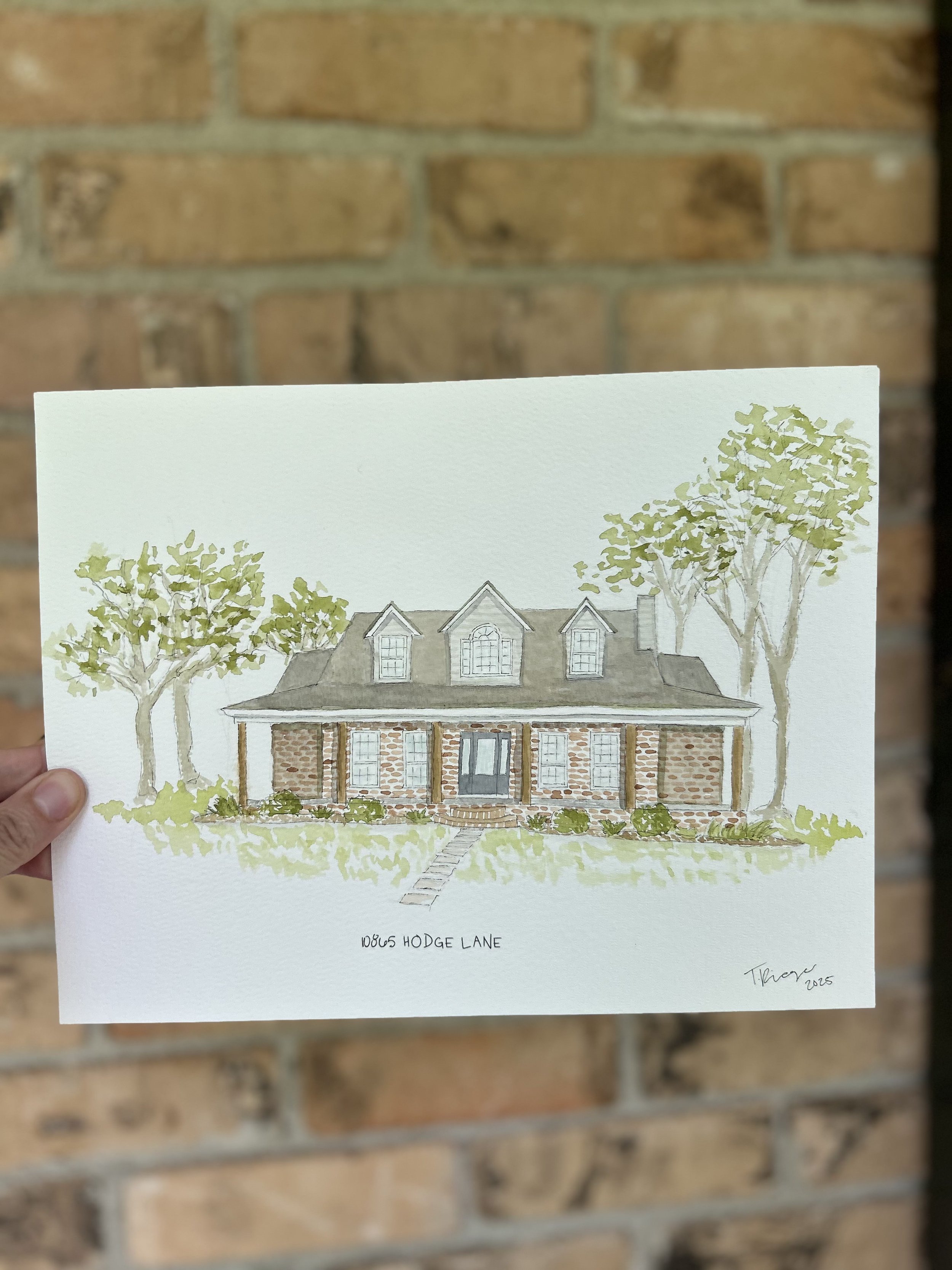 Watercolor illustration of a brick house with a gabled roof, three dormer windows, front porch, and trees on either side, labeled '10865 Hodge Lane' at the bottom.