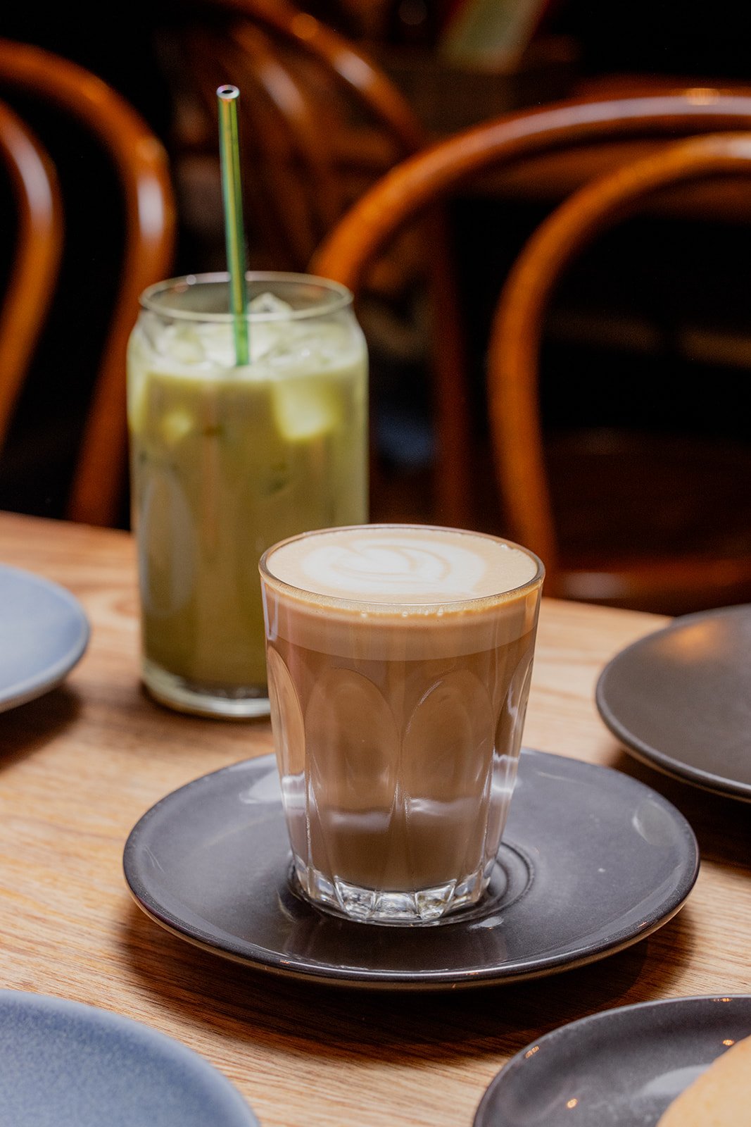 Iced Matcha and Regular Latte. Hobart Coffee. Hobart Matcha. Hobart Cafe. North Hobart.