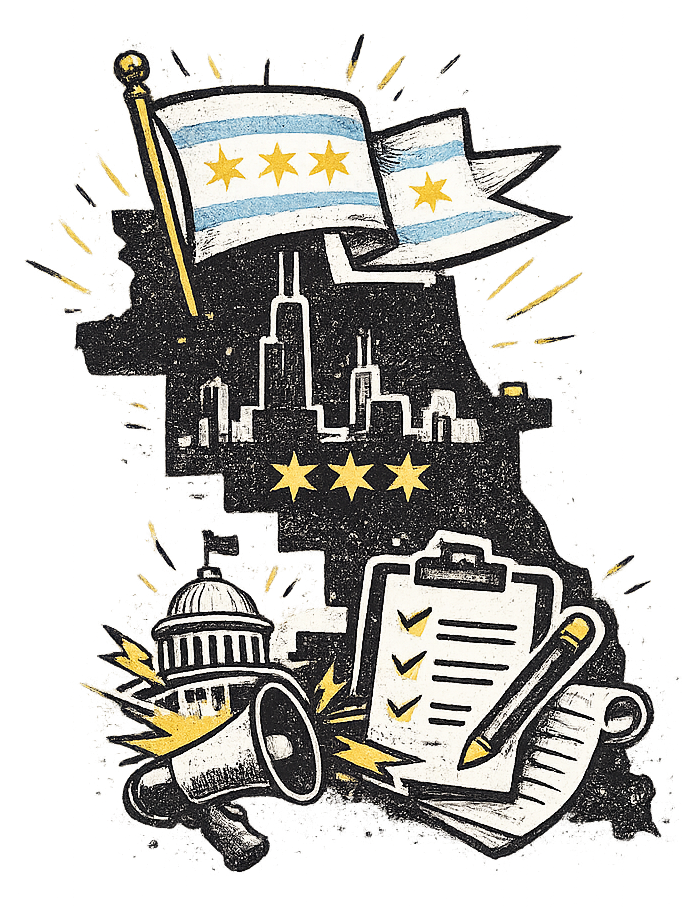 Illustration of a city skyline with three stars, a US Capitol dome, a checklist, a pen, a megaphone, and flags with three stars and two stripes, symbolizing politics and government.