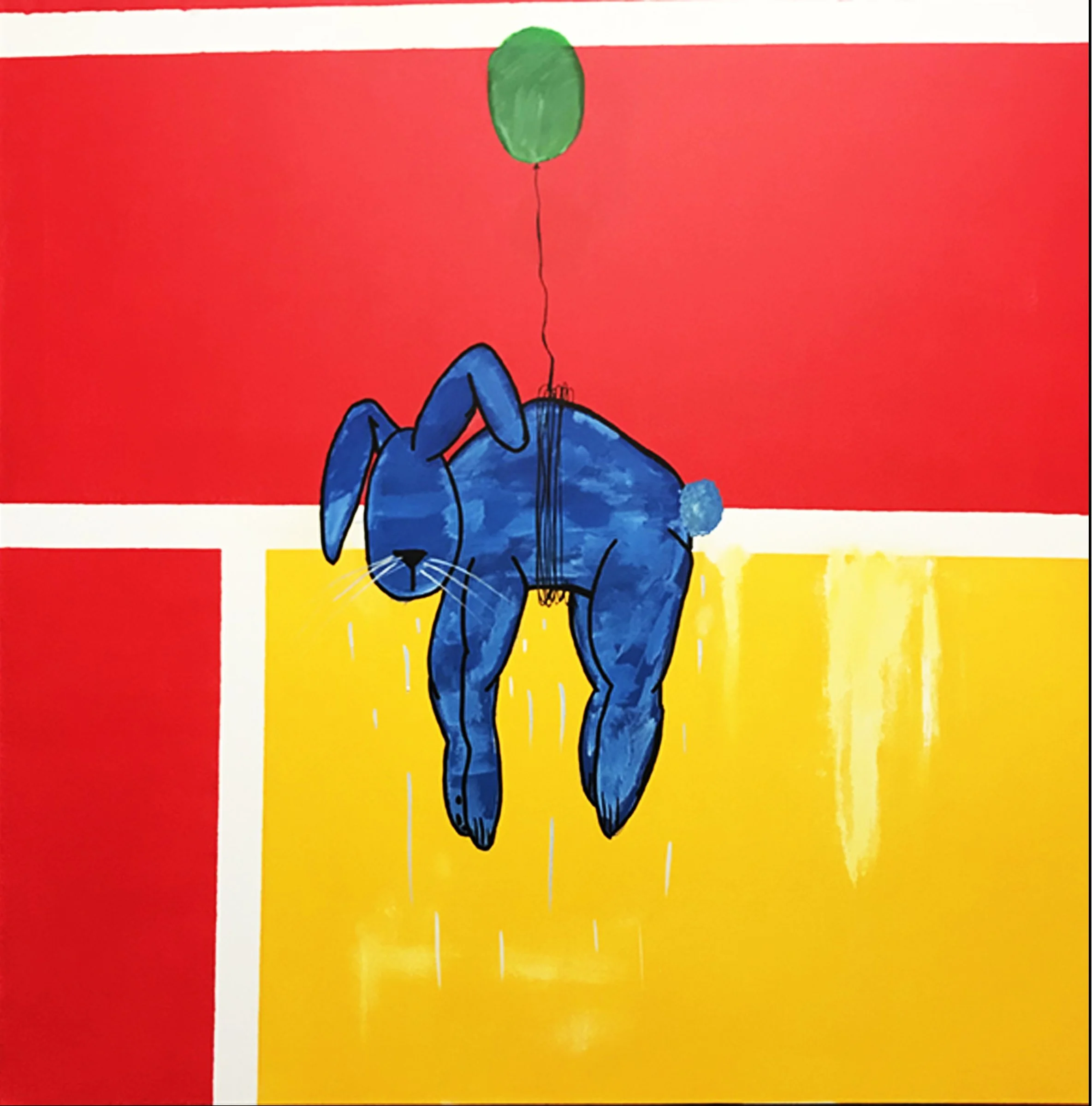 A minimalist painting featuring a blue bunny suspended from a green balloon against a vibrant background of red and yellow geometric shapes.