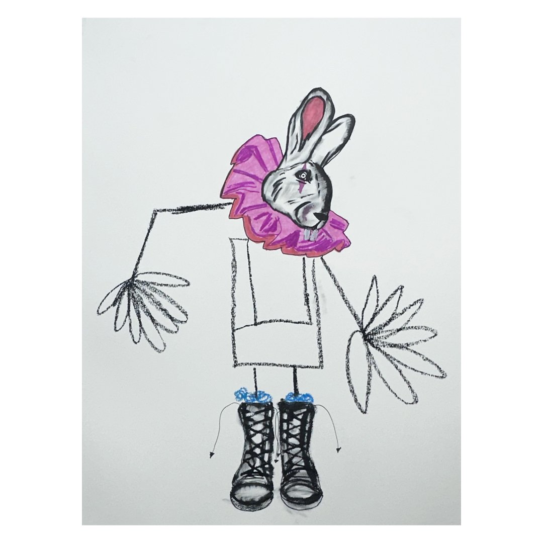 Illustration of a rabbit in a purple ruffled collar, with simplistic lines for a body, wearing large black boots.