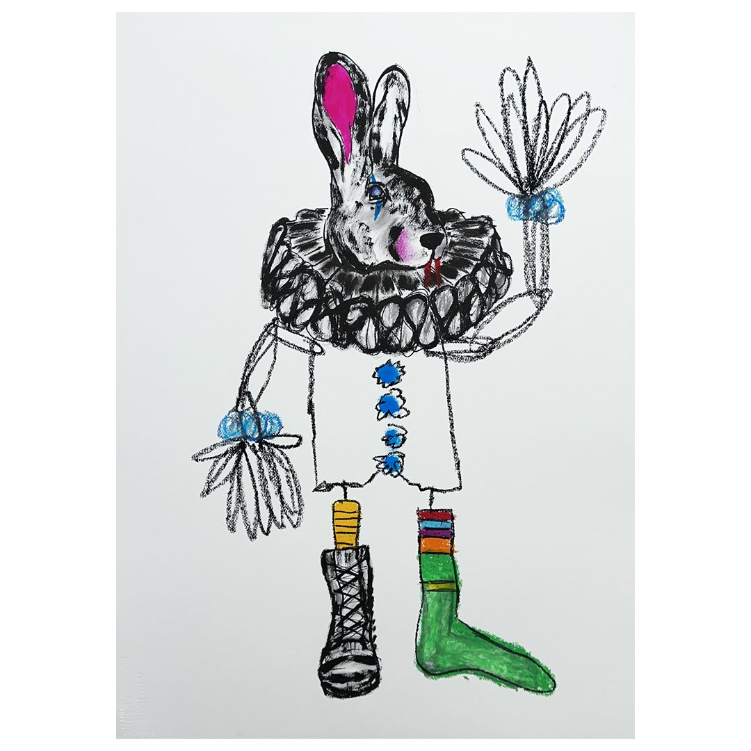 A whimsical drawing of a rabbit wearing a lace ruff, colored socks, and mismatched boots, holding abstract flower-like objects.