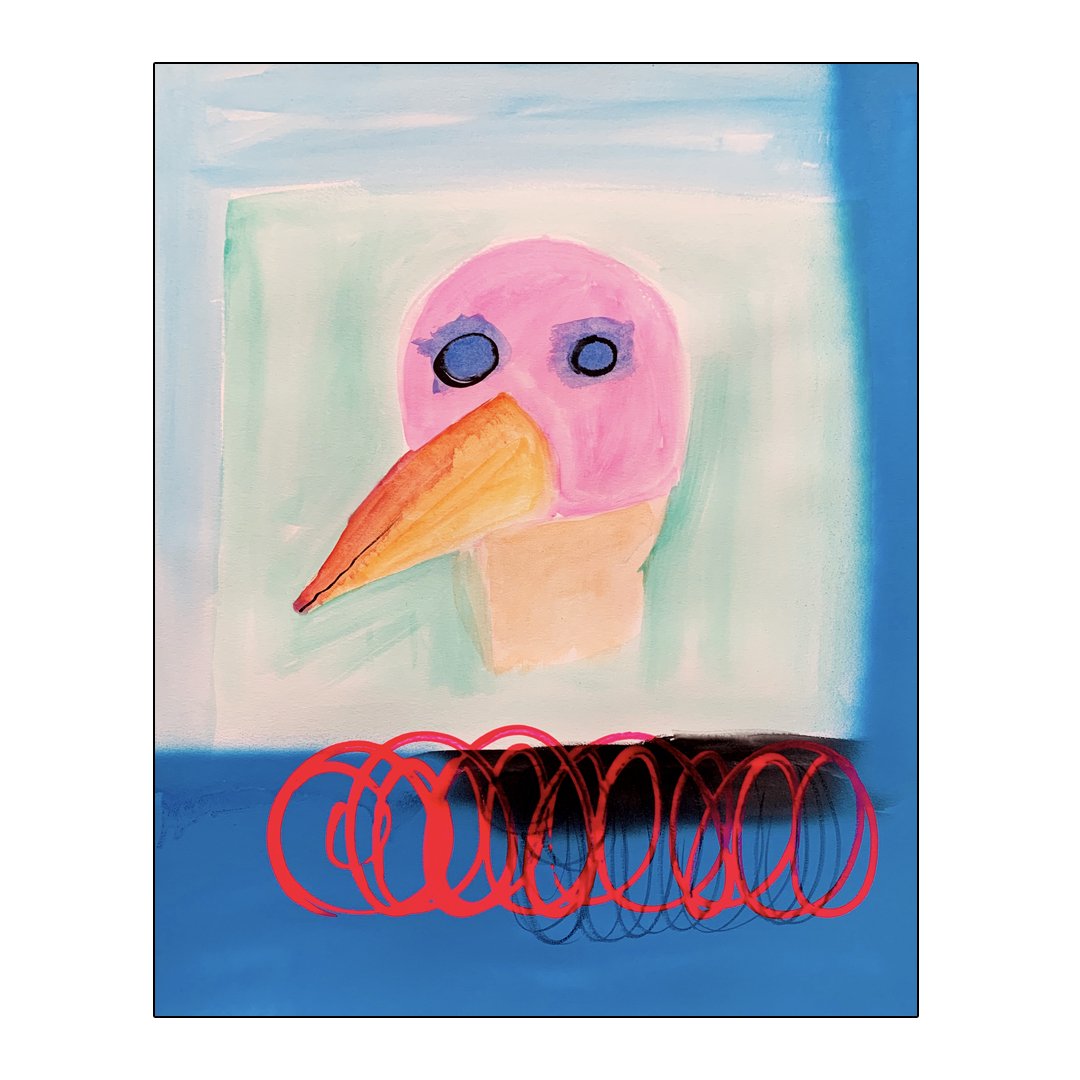 Abstract painting of a bird with a pink head and orange beak, set on a blue and green background, with red and black circular patterns below.