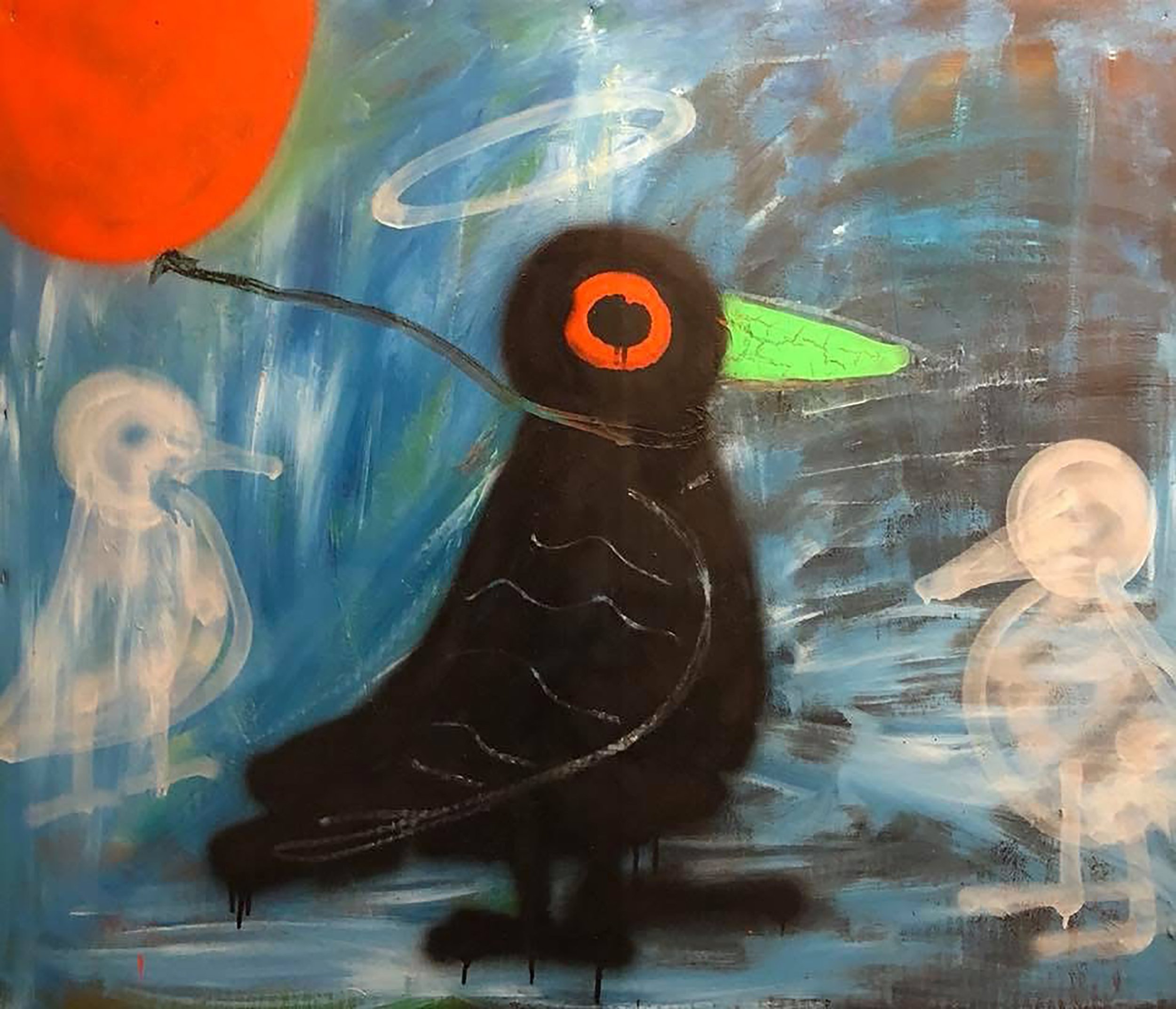 Abstract painting of a black bird with a halo and orange eye holding a red balloon, surrounded by ghost-like white birds on a blue background.