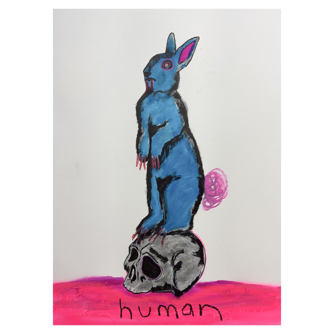 Abstract painting of a blue rabbit standing on a human skull with pink accents, against a white background. The word 'human' is written at the bottom.