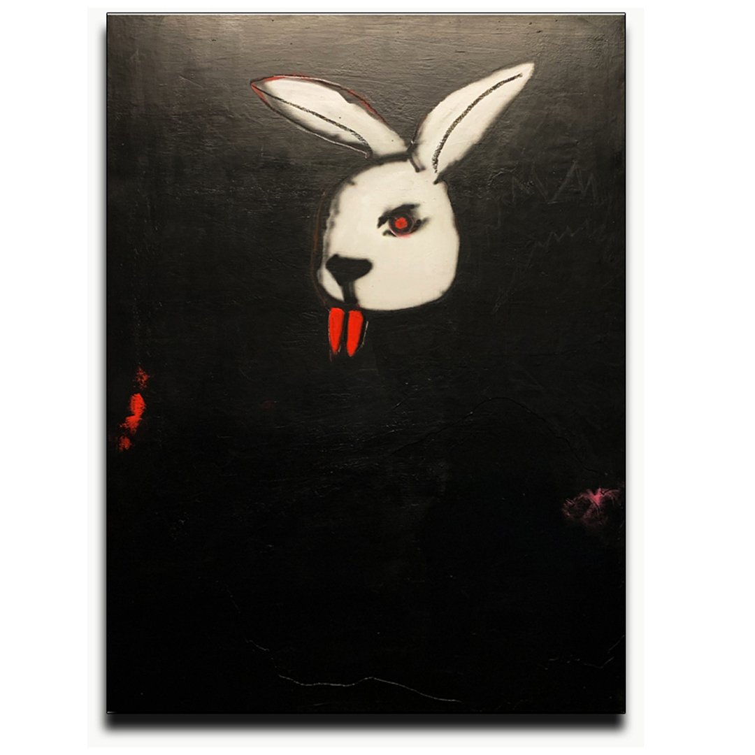 Painting of a stylized rabbit head with red eyes and teeth on a black background.