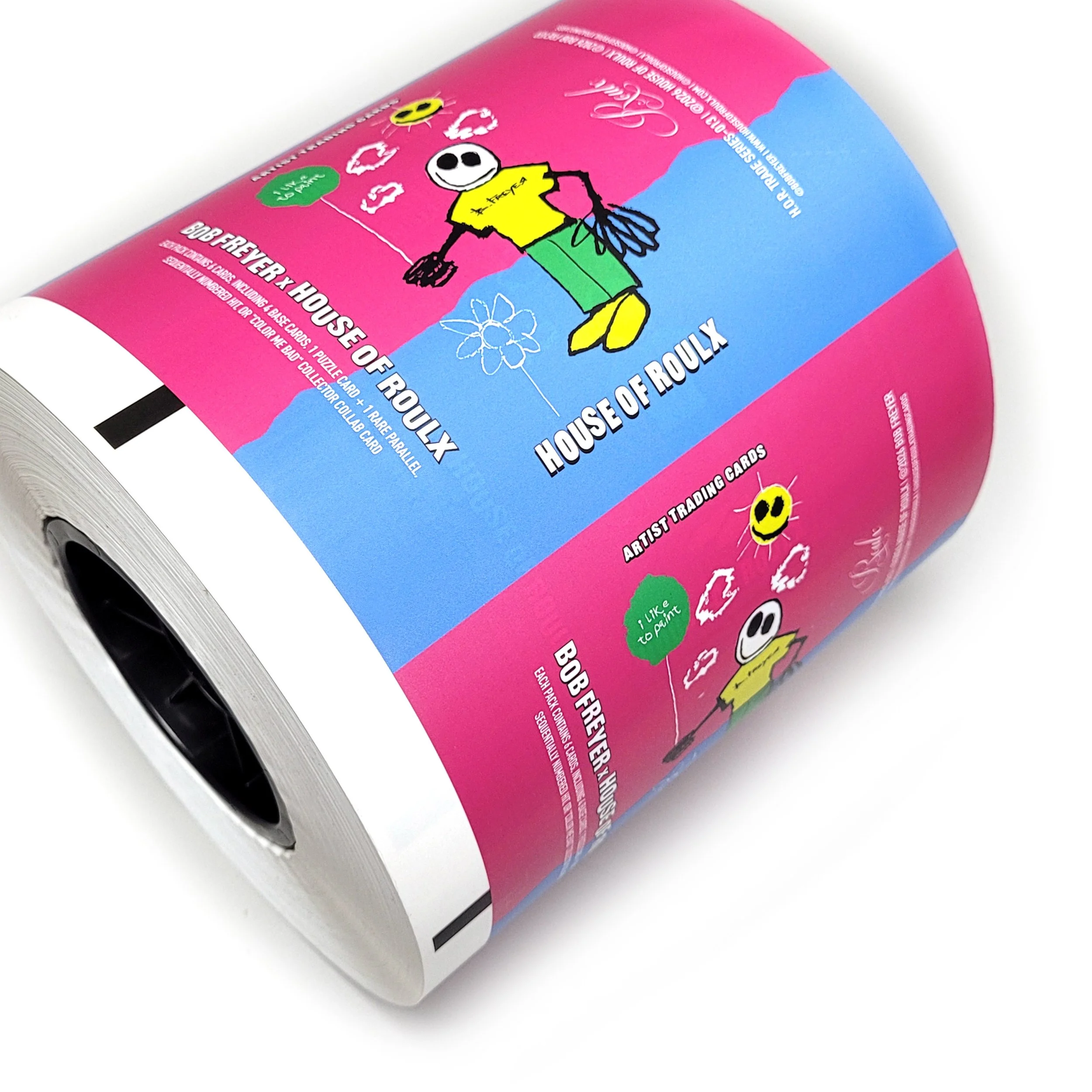 Pink and blue playing card set packaging featuring an illustration of a cartoon skeleton with a smiley face, wearing a yellow shirt, green shorts, and yellow shoes, holding a fishing rod.