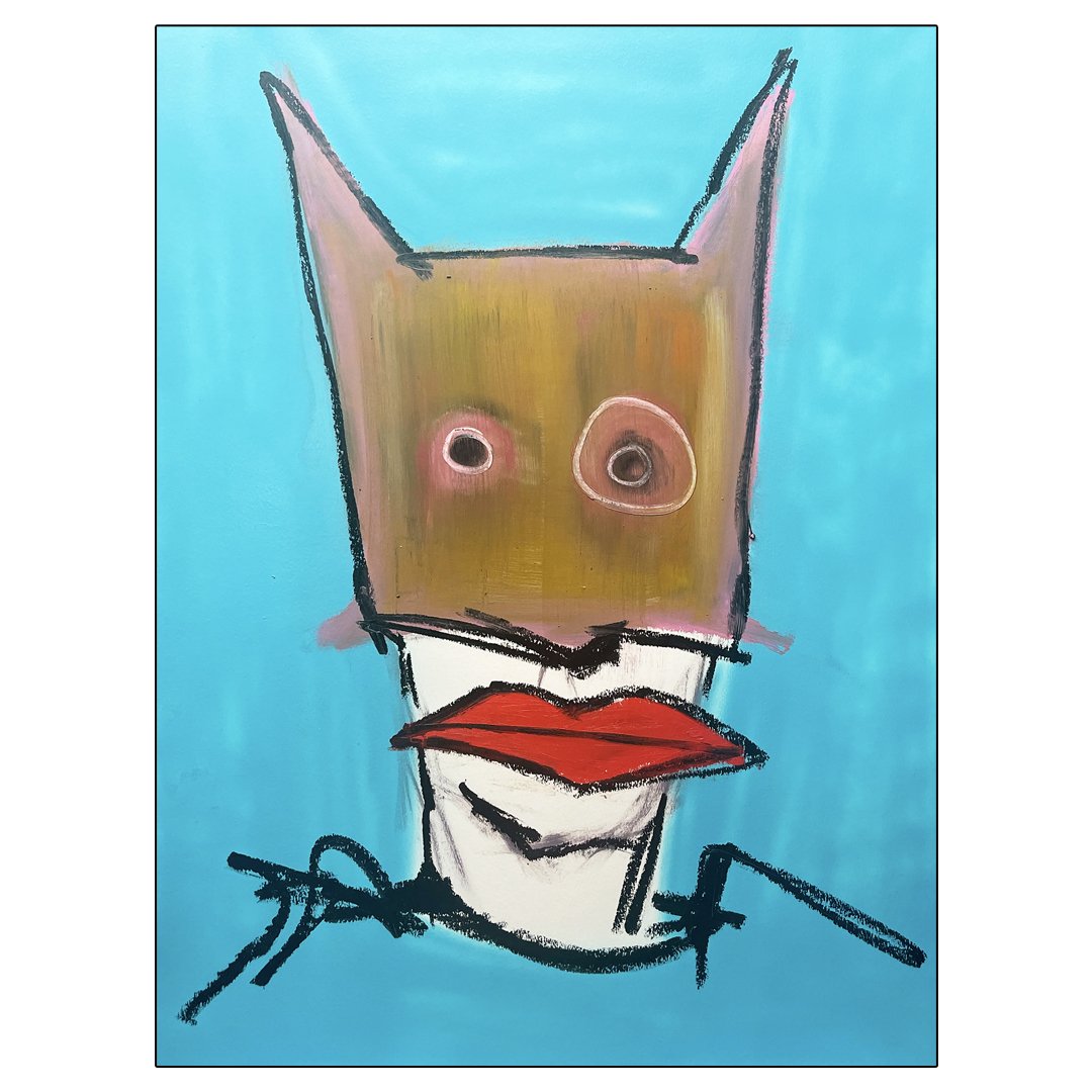 Abstract painting of a figure with a brown, cat-like face, red lips, and a blue background. The style is reminiscent of expressive, childlike art.