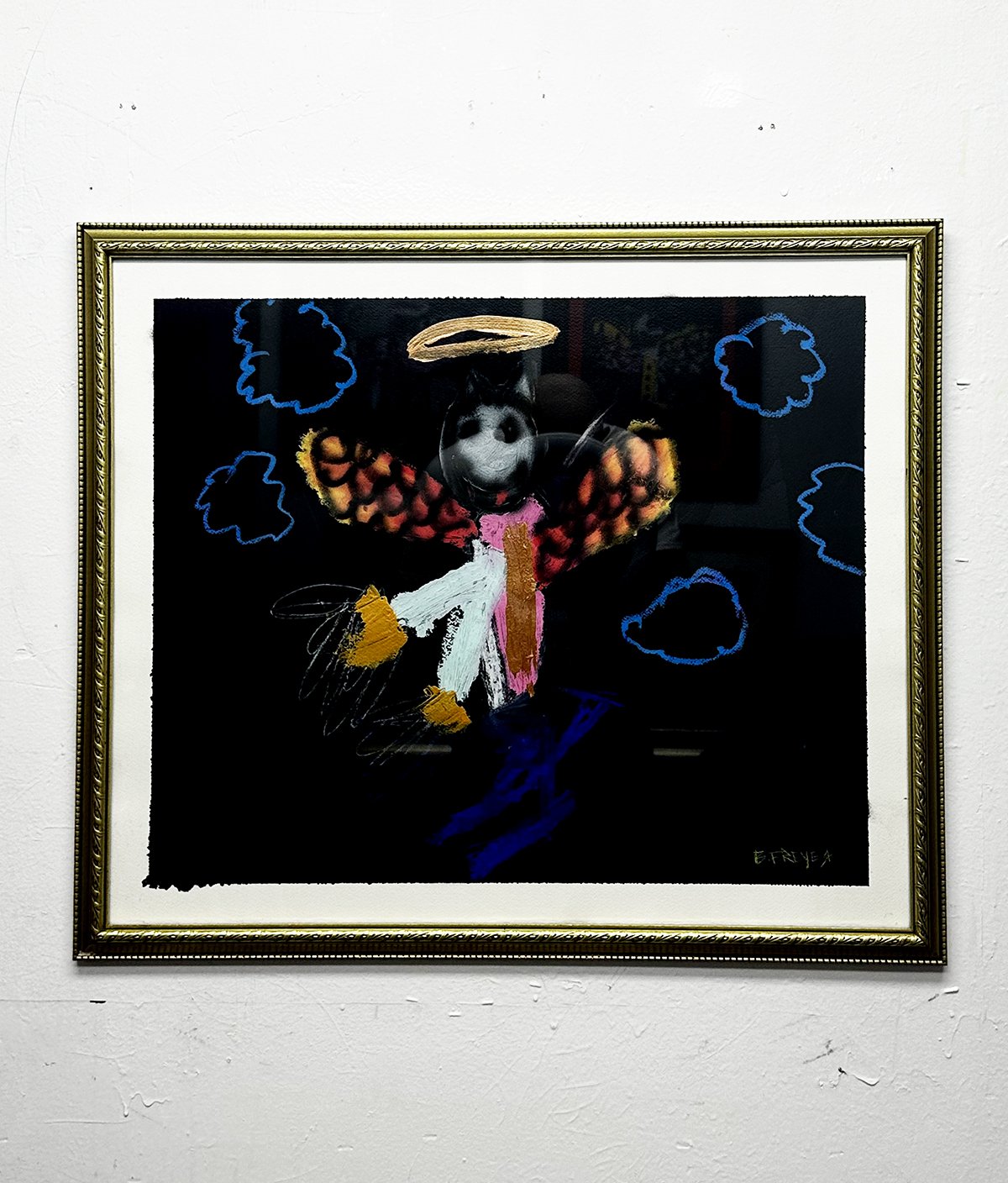 Framed abstract painting of an angel with colorful wings, surrounded by clouds on a dark background.