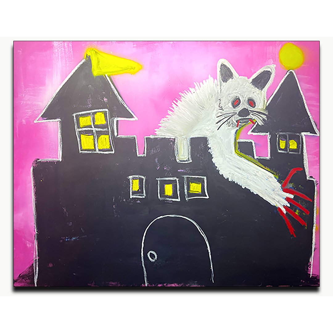 Colorful abstract painting of a white cat on a black castle silhouette against a pink background. The castle has yellow windows and a flag. The cat has exaggerated features, including red eyes and sharp claws.