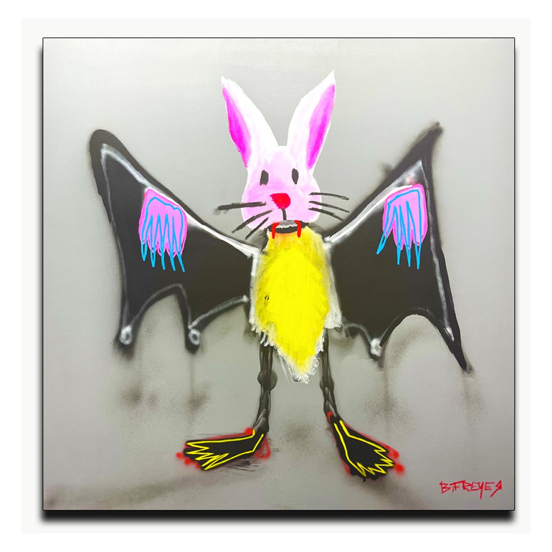 Abstract artwork of a creature with rabbit ears, bat wings, and a bright yellow body.