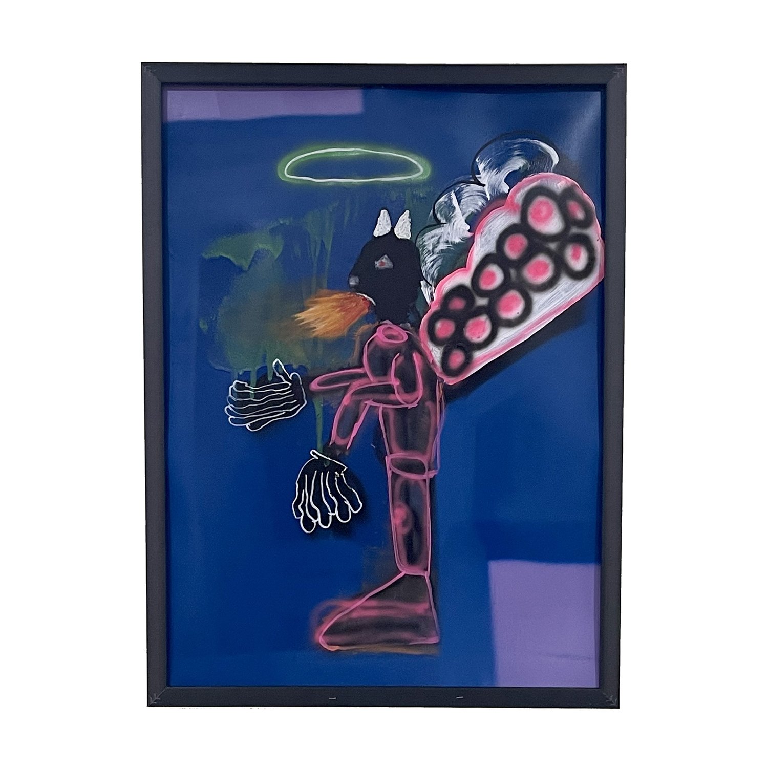 Abstract painting of a figure with a halo, wings, and vibrant colors on a blue background.