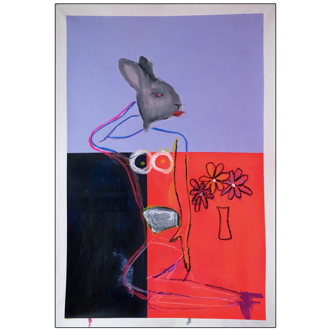 Abstract artwork featuring a humanoid figure with a rabbit head, outlined in colorful lines, against a divided background of purple, black, and red sections. There is a hand-drawn vase with flowers on the right side.
