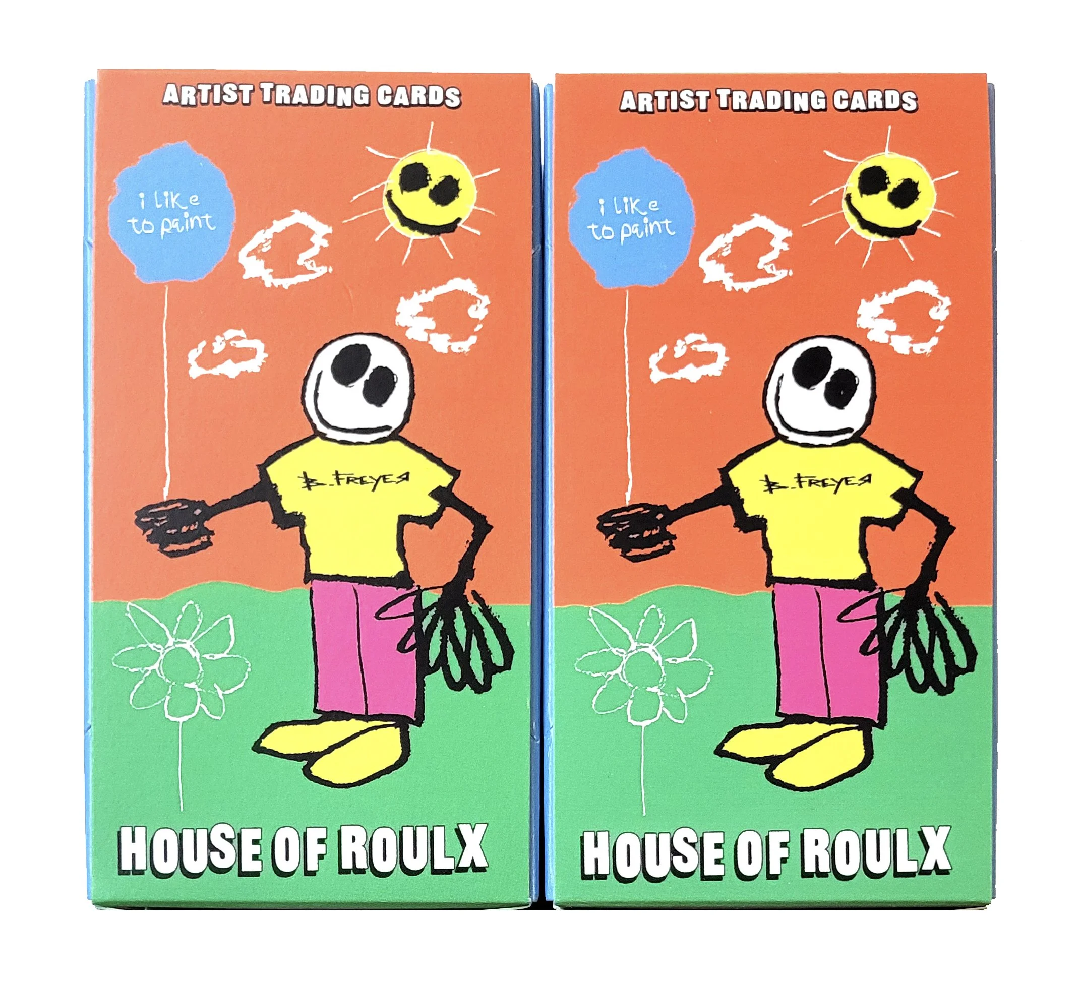 Two boxes of artist trading cards labeled "House of Roulx" with drawings of a smiling sun, flowers, and a person with coloring books on a colorful background.