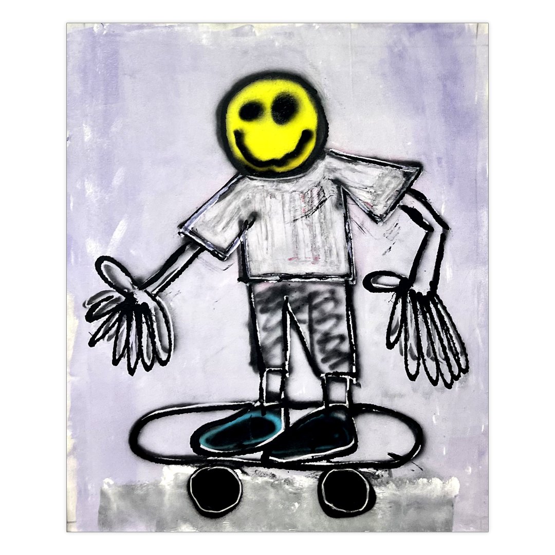 Stylized drawing of a figure with a yellow smiley face, oversized hands, wearing a shirt and shorts, riding a skateboard.