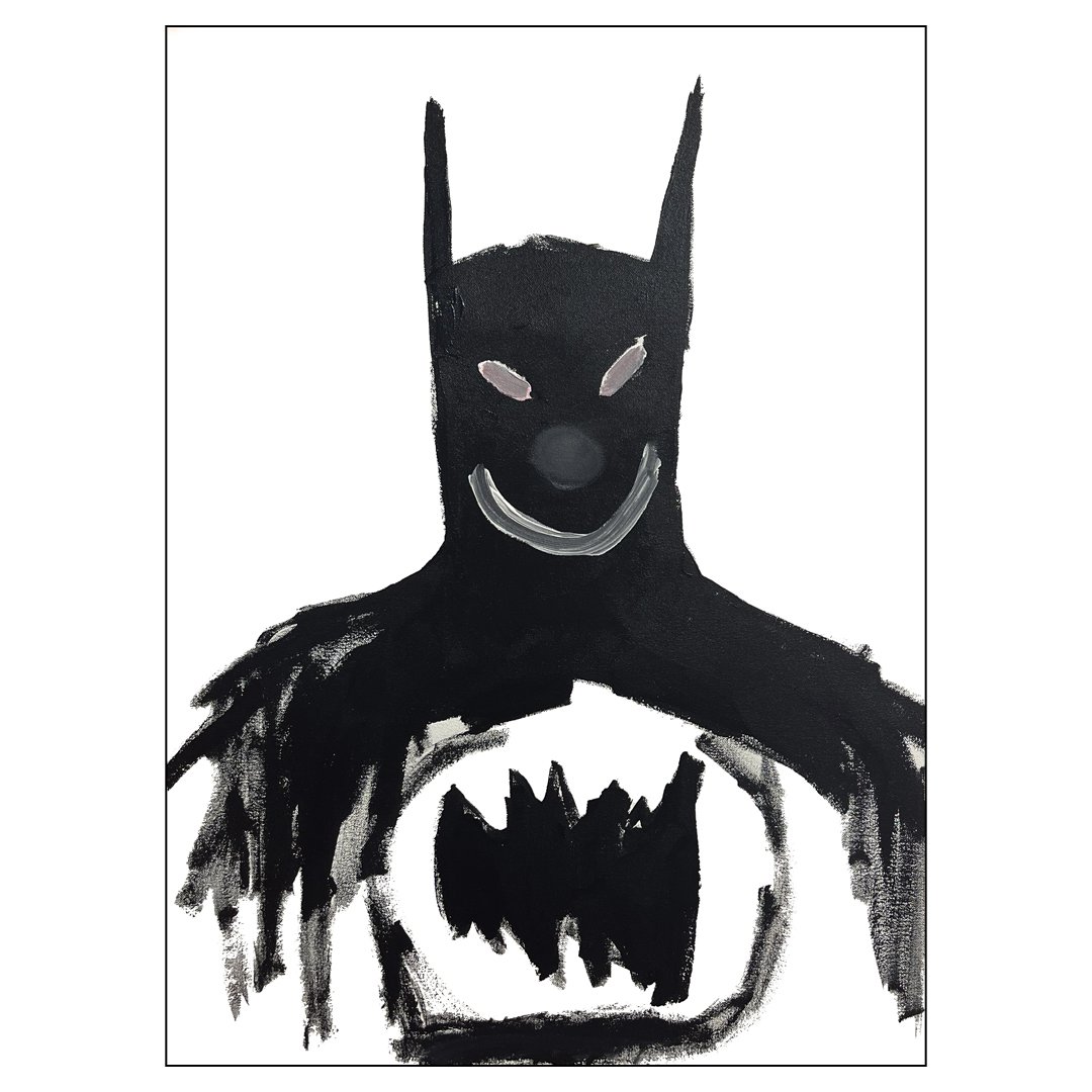 Abstract painting of a dark, stylized figure resembling Batman with prominent ears, white eyes, and a wide smile on a light background.