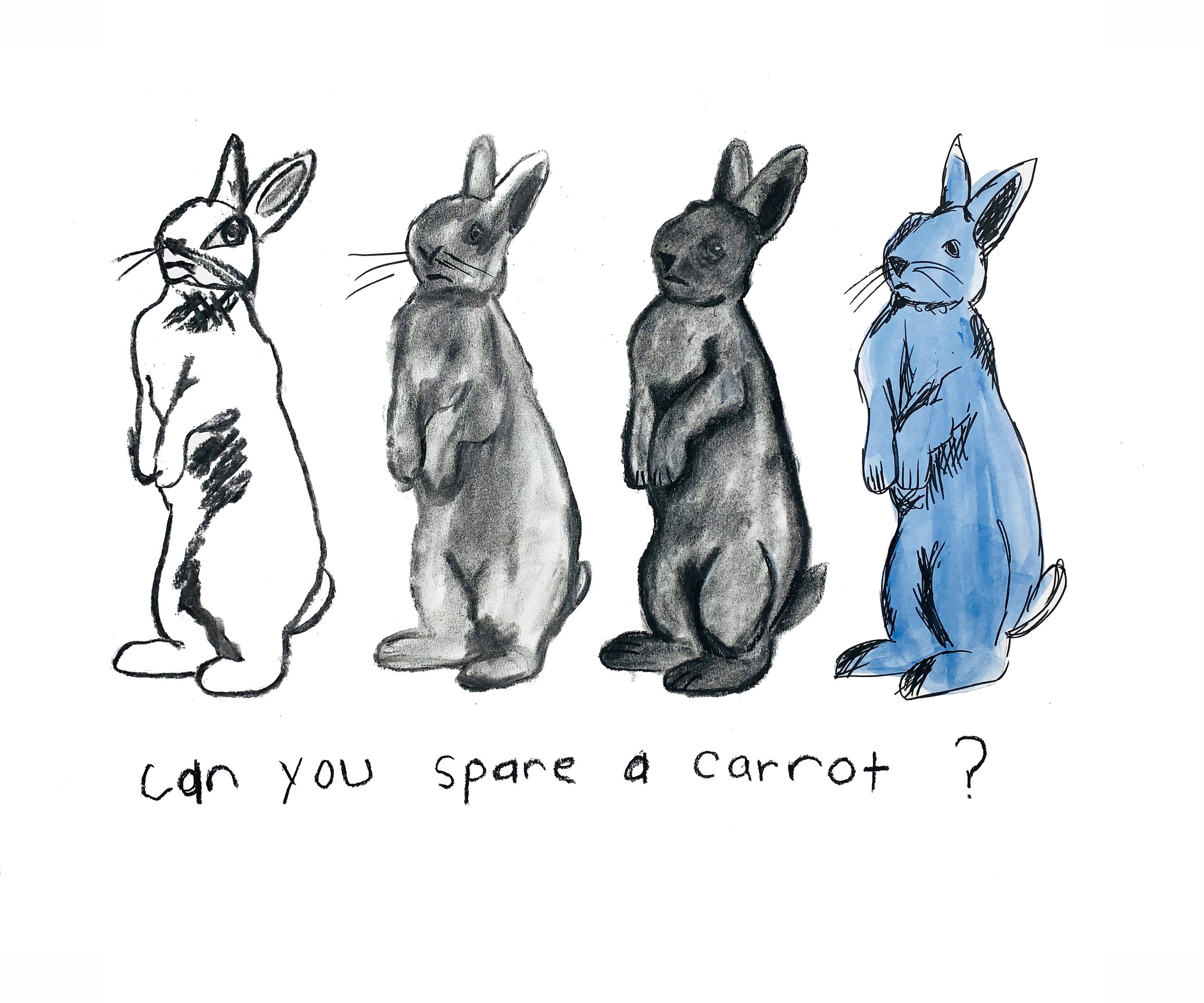Illustration of four standing rabbits in different colors with the phrase "Can you spare a carrot?" below.