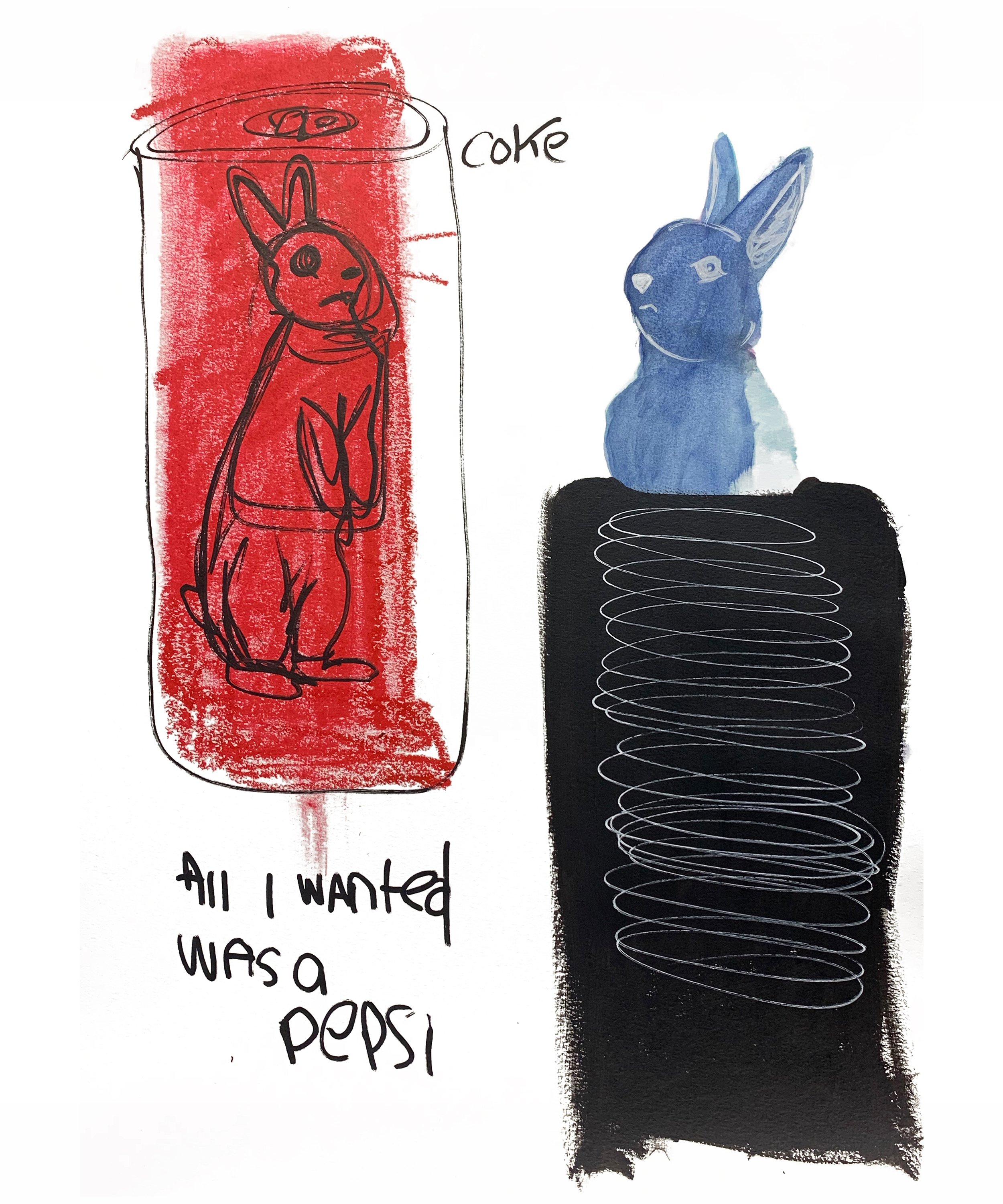 Illustration featuring a red soda can with a black outline of a rabbit labeled "coke." Next to it, a blue rabbit is depicted, partially obscured by black scribbles. Text reads, "all I wanted was a PEPSI."