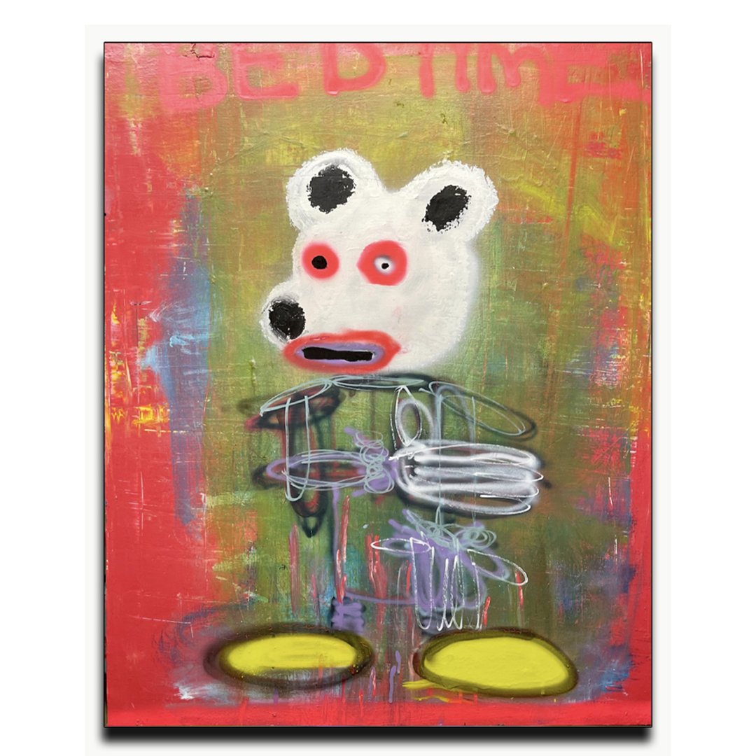 Abstract painting of a cartoon-like character with a white bear head, red eyes, and minimal body against a colorful background.