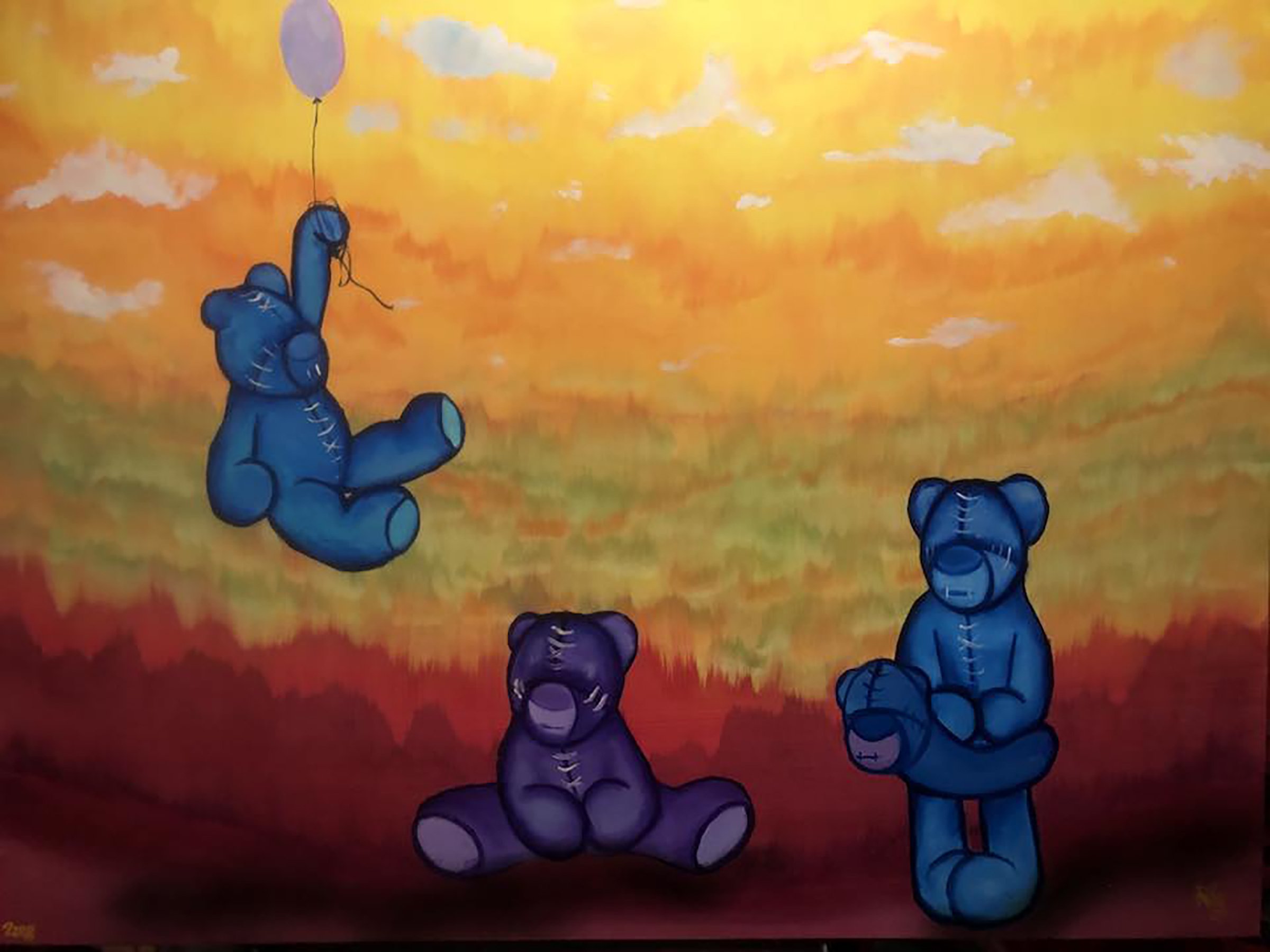 Painting of three teddy bears on a colorful background. A blue teddy holds a balloon, floating, while two other teddy bears are seated below against a vibrant orange and green sky.