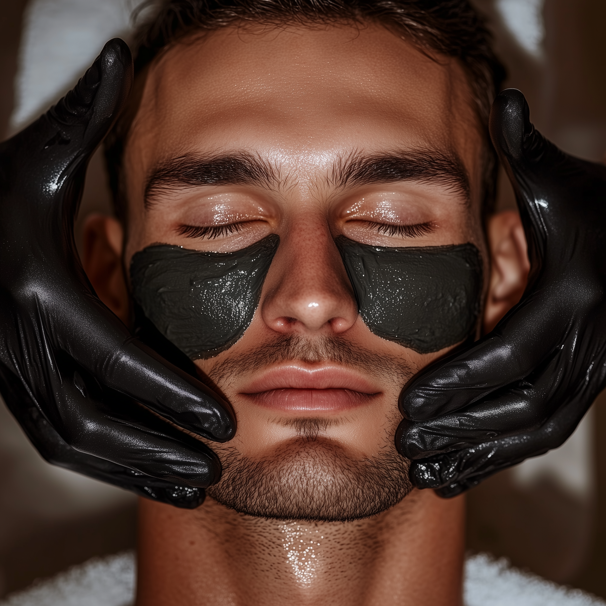A man with closed eyes receiving a facial treatment, with black face masks under his eyes and a person wearing black gloves applying or massaging his face.