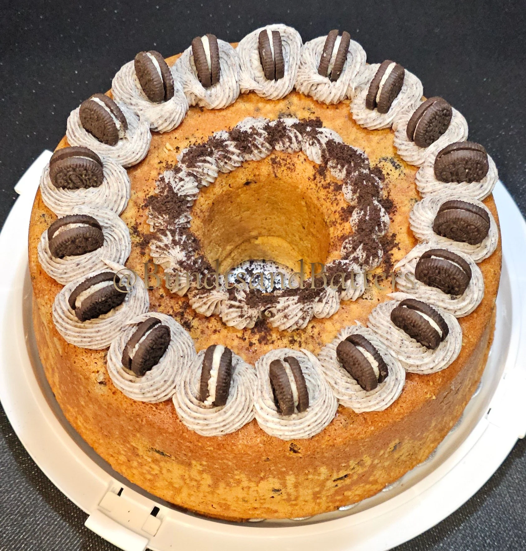 Oreo Cookies and Cream Pound Cake with Oreo Cream Cheese Frosting and Oreo Cookie Topping