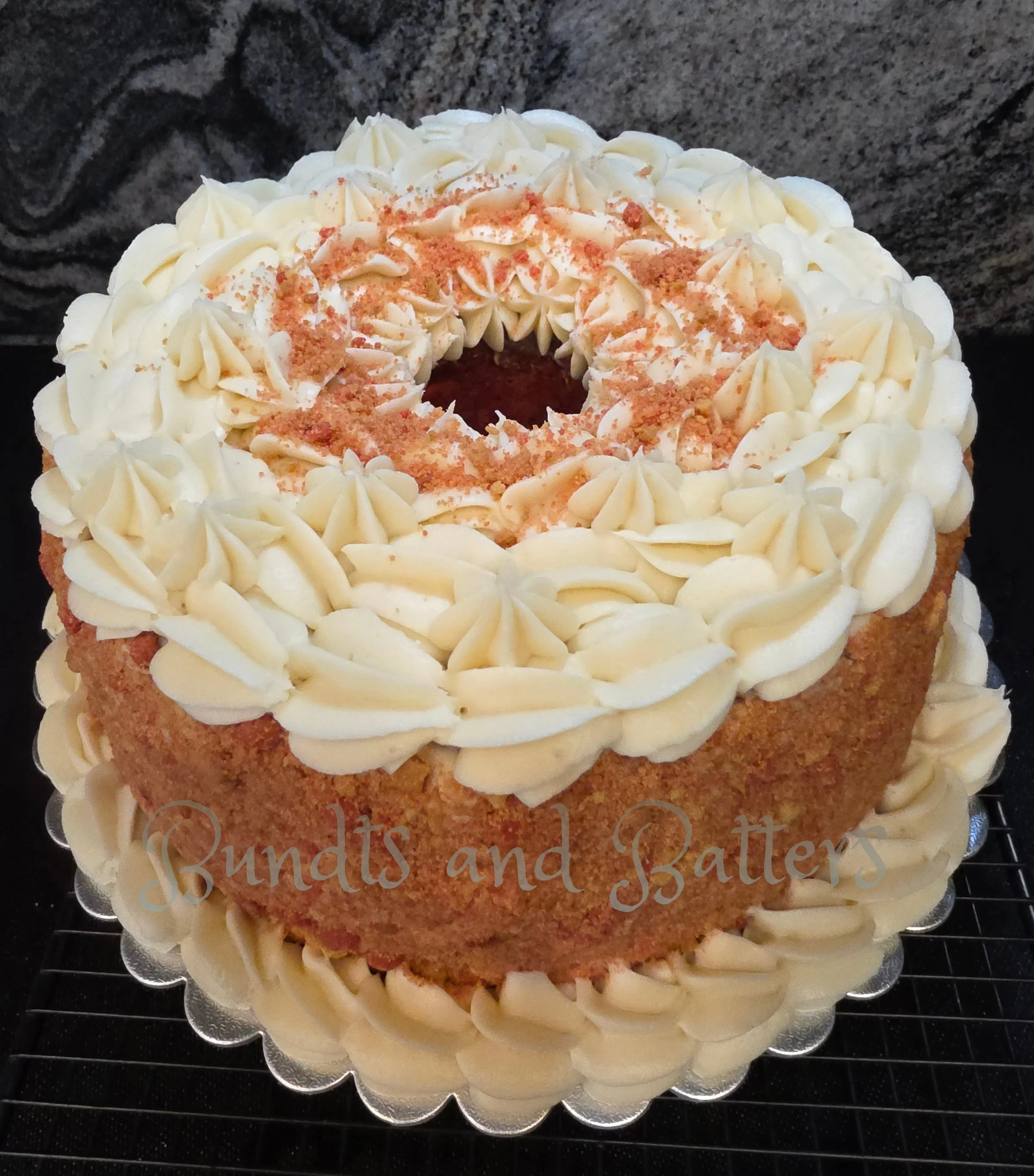 Strawberry Crunch Pound Cake with Vanilla Frosting