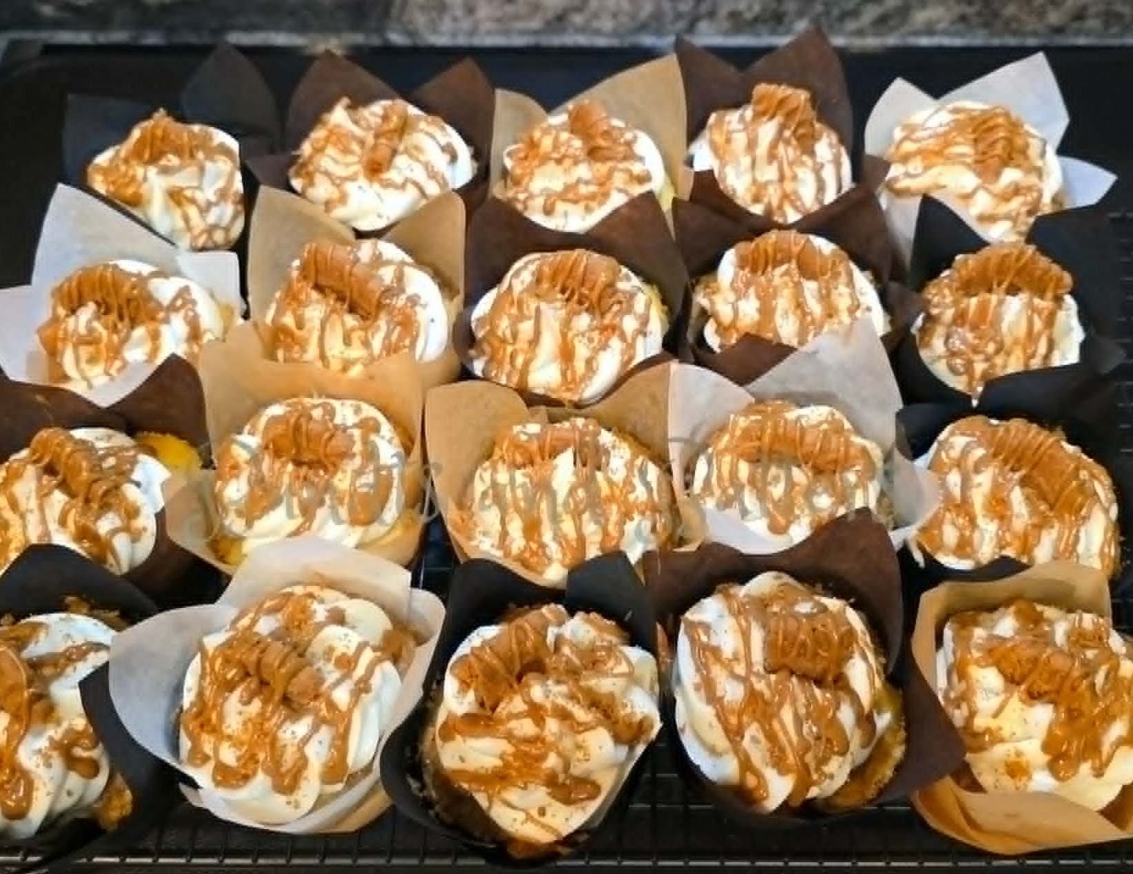 Biscoff Cookie Butter Cupcakes with Cream Cheese Frosting, Biscoff Cookies, and Cookie Butter Drizzle