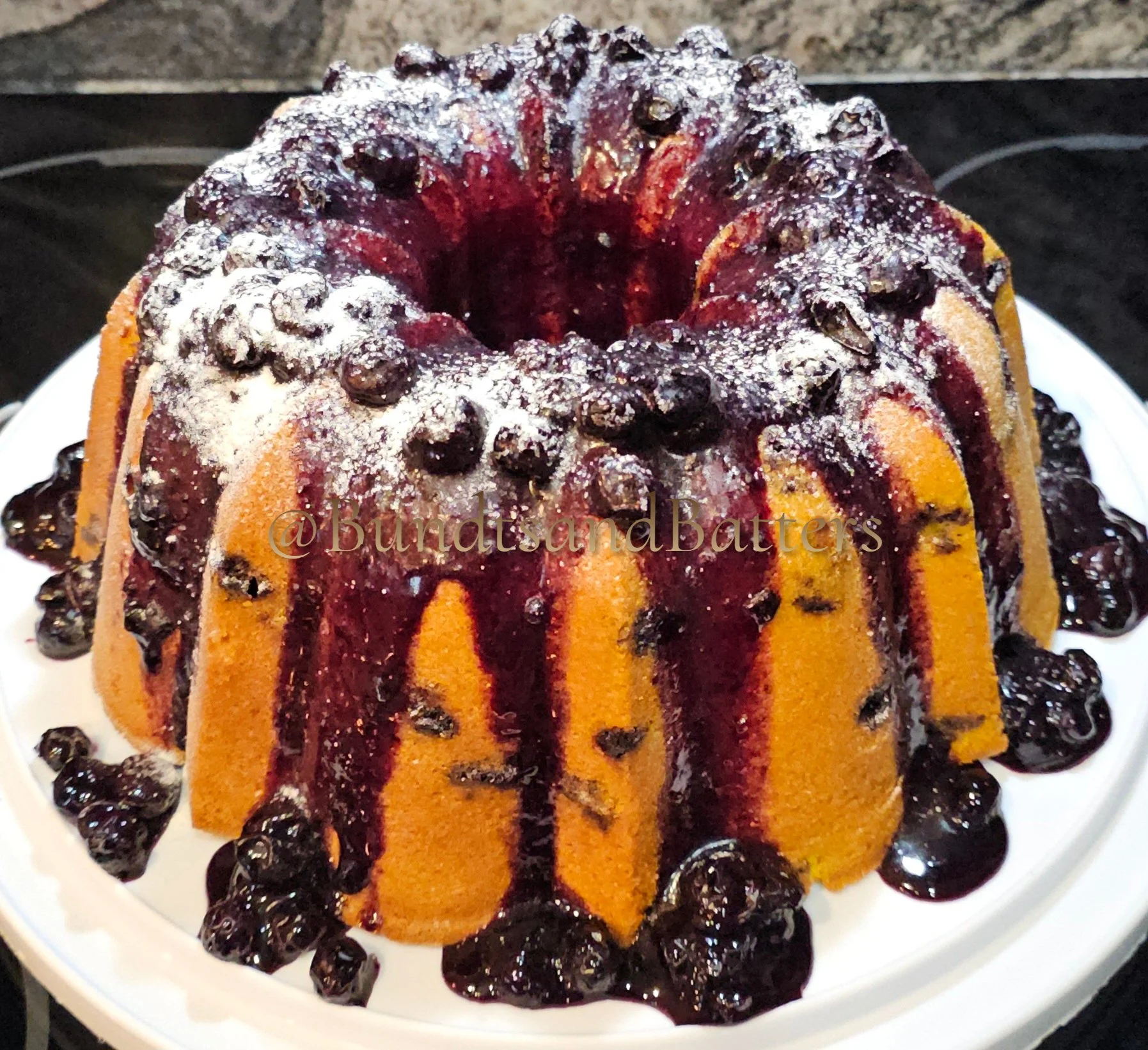 Traditional Lemon Pound Cake with Blueberries and Blueberry Compote topping