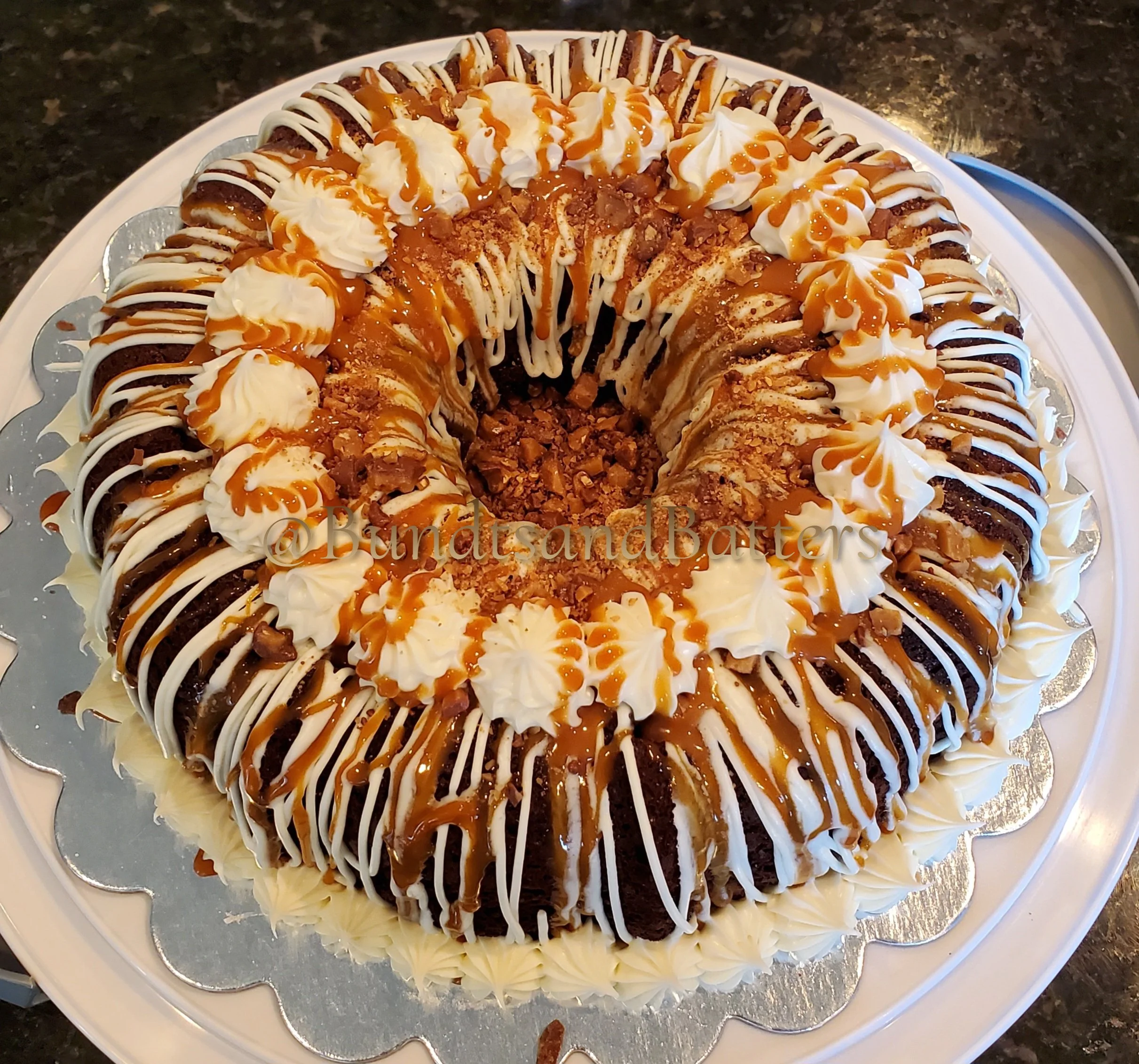 Chocolate Cream Cheese Pound Cake with Cream Cheese Frosting and Caramel Drizzle