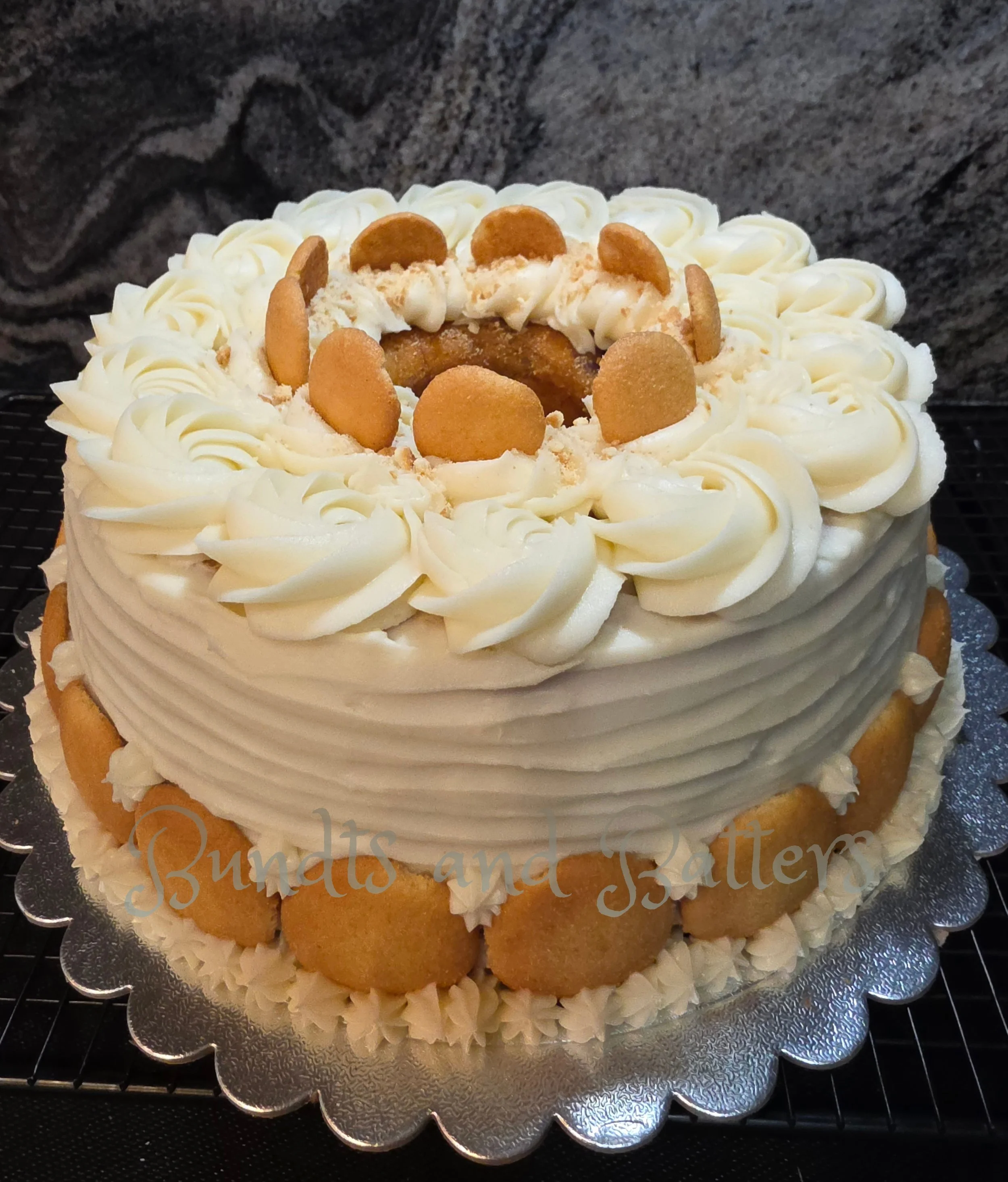 Banana Pudding Pound Cake with Cream Cheese Frosting and Nilla Wafer Cookies