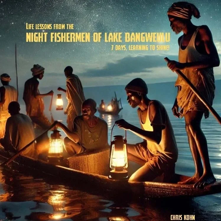 Group of fishermen at Lake Banglewulu during night, holding lanterns and boats under starry sky, with the text 'Life lessons from the night fishermen of Lake Banglewulu, 7 days, learning to shine!'