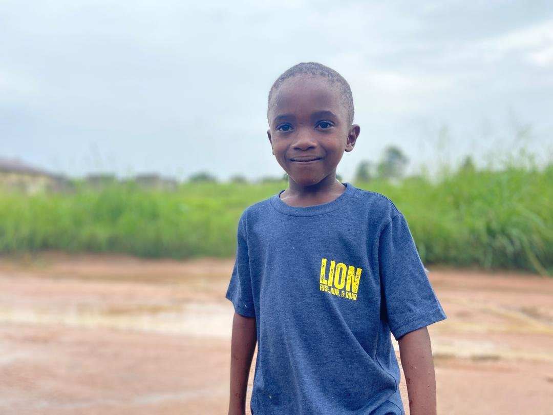 Young boy standing outdoors on a cloudy day, wearing a blue T-shirt with the word 'LION' in yellow and black letters.