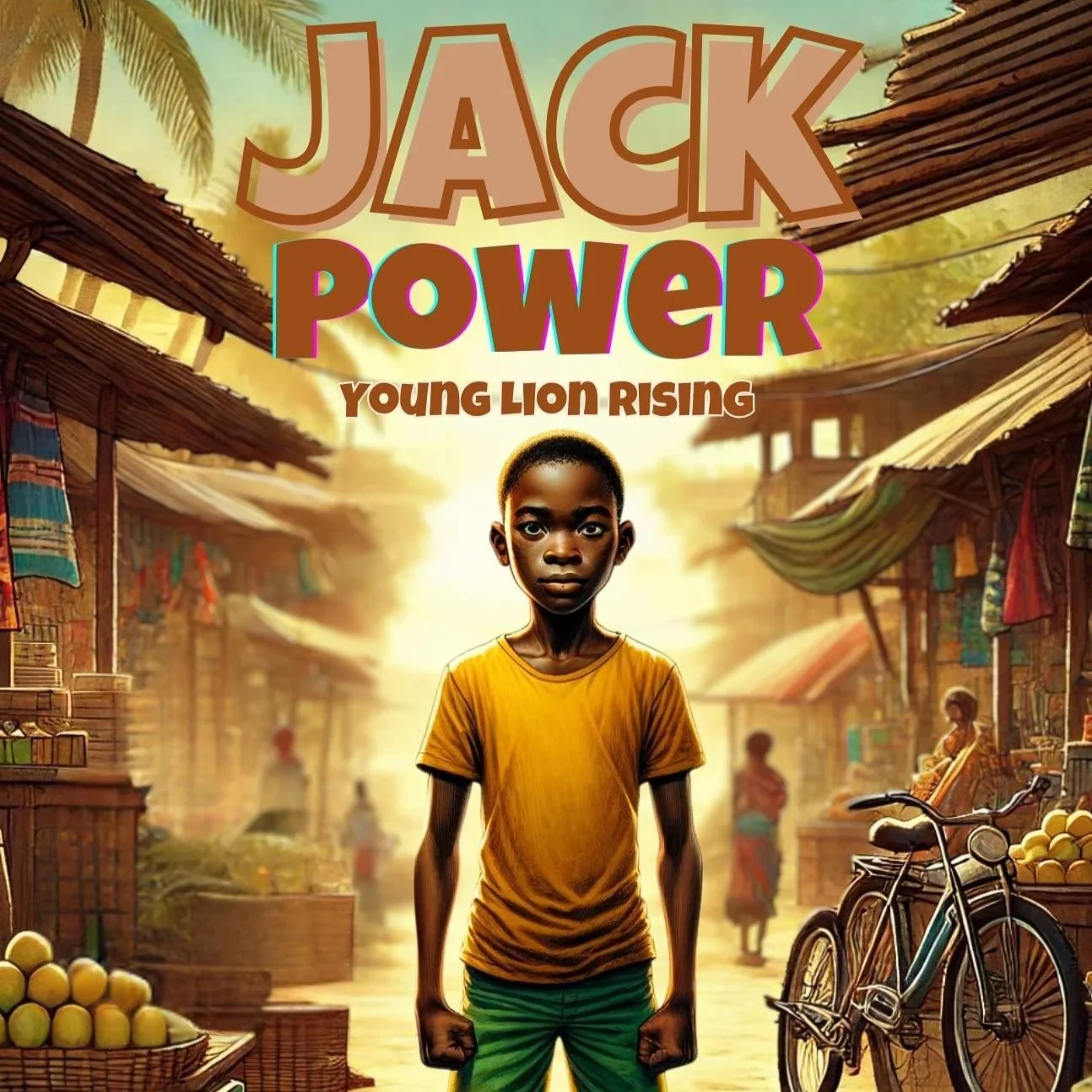 A young boy with a determined expression standing in a marketplace with wooden stalls and colorful fabrics, bicycles, and people in the background, all depicted in a warm, golden light.