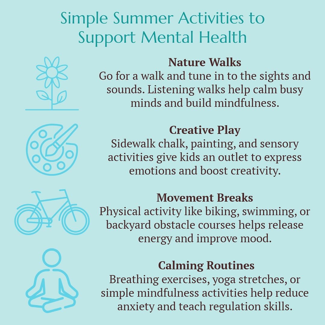 Not sure what to do with the kids out of school? Let’s beat the summer slump before it starts! ☀️
Summer can be a great time to build mental health routines in fun, simple ways. Nature walks, creative play, movement, and calming routines aren&