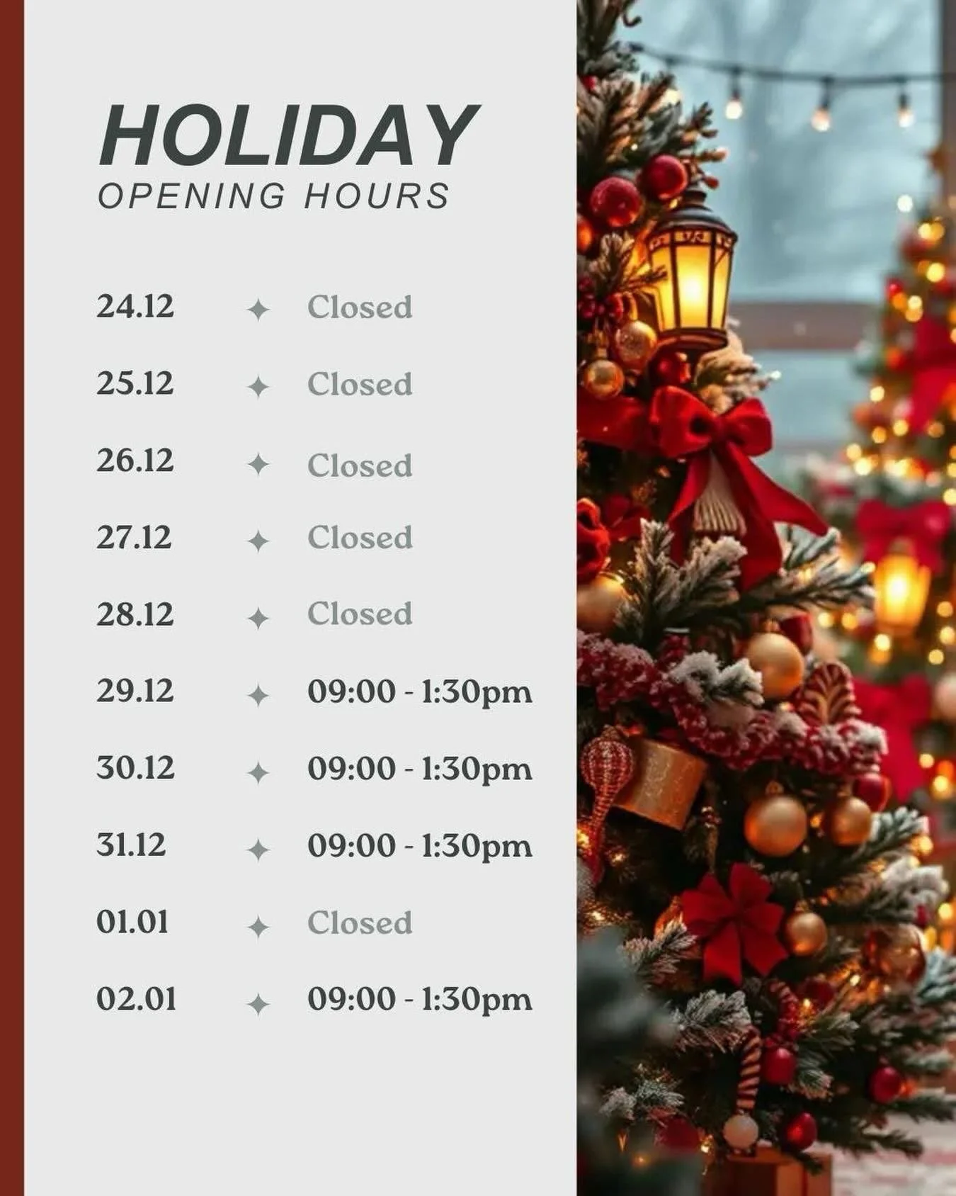 We are still open between Christmas and New Years, Just limited hours 😀 We hope you all have a Merry Christmas spent with family and friends 🎄🎅🏻