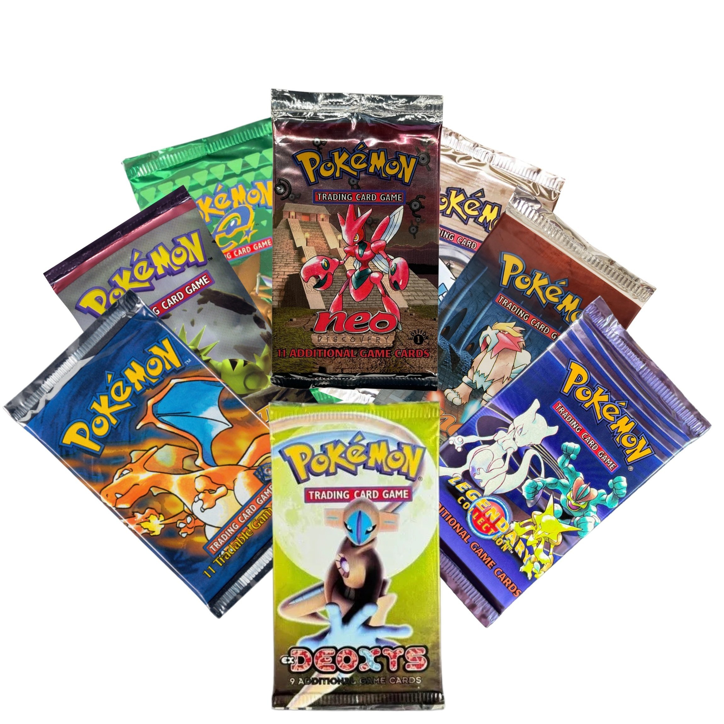 Multiple sealed packs of Pokémon trading cards arranged in a semi-circle, featuring various Pokémon characters and branding. Pokémon Cards.